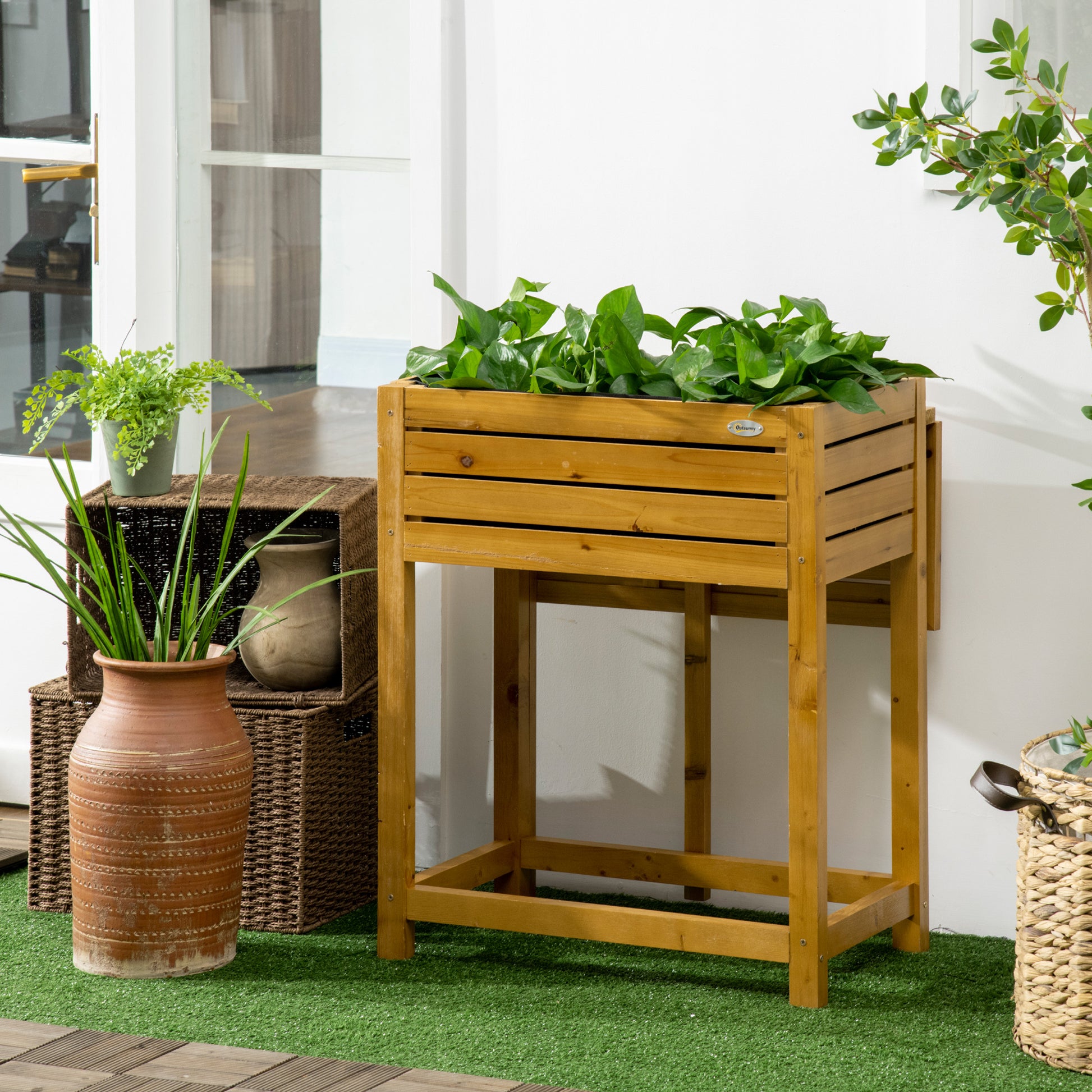 Raised Bed Planter Flower Box with Folding Tabletop, Herb Bed with Fleece Inner Lining, for Garden, Terrace, Wood, Brown, 64 x 63 x 74.5 cm