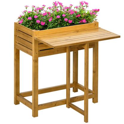 Raised Bed Planter Flower Box with Folding Tabletop, Herb Bed with Fleece Inner Lining, for Garden, Terrace, Wood, Brown, 64 x 63 x 74.5 cm