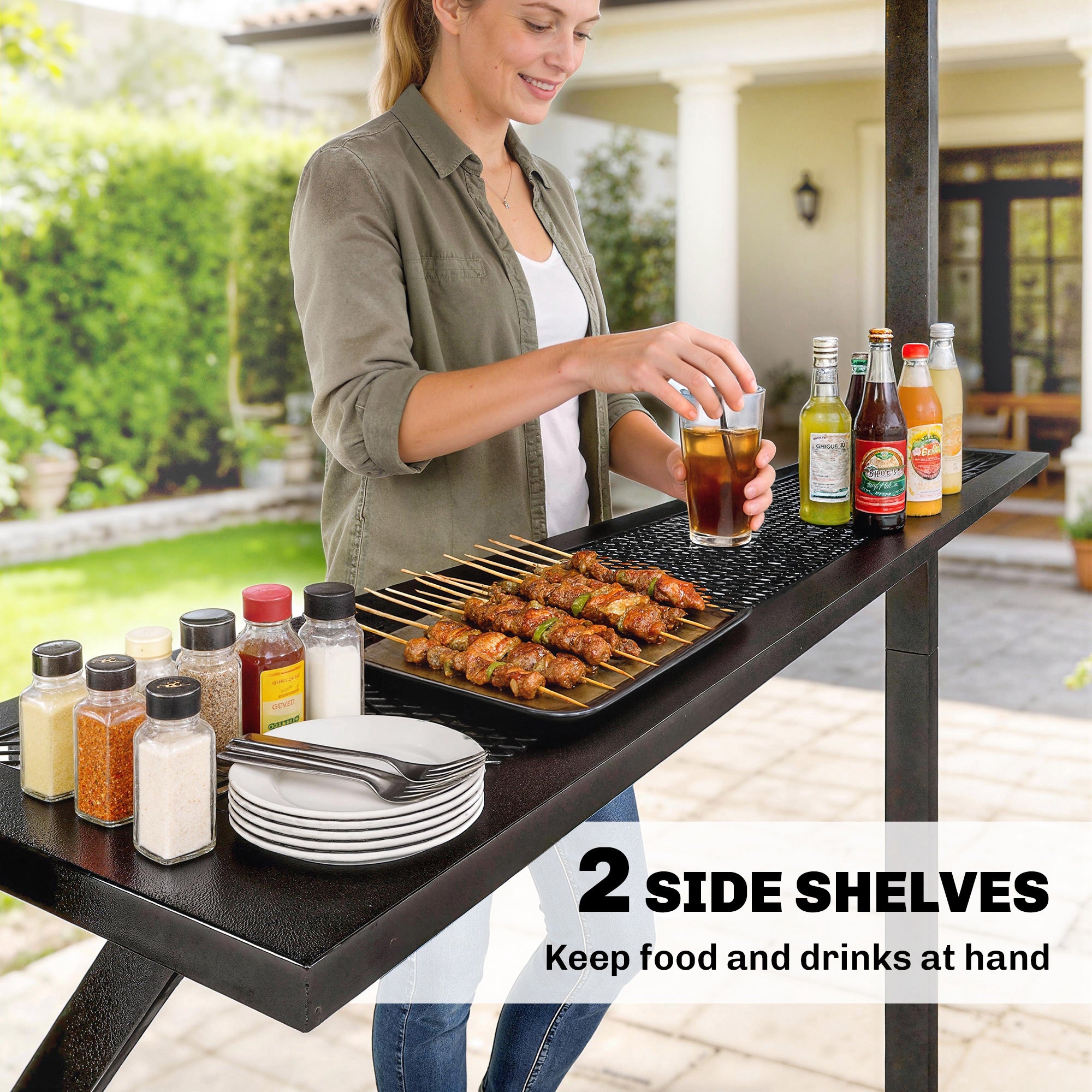 BBQ Pavilion 8 ft 11 in x 6 ft 0 in Garden Gazebo with Lean-to Roof, Side Shelves, UPF50+ Protection, Black