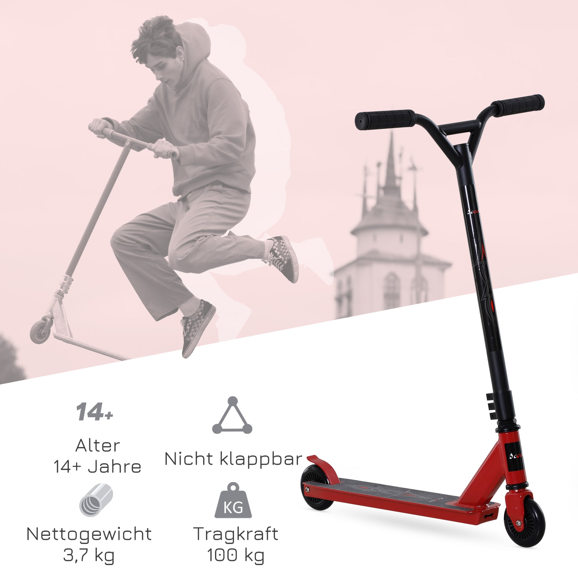 Stunt Scooter with 360° Steering, ABEC 9 Ball Bearings, 100mm Faux Leather Wheels, Aluminium Kick Scooter for Stunts up to 100kg, Trick Scooter Fun Scooter for Kids 14+