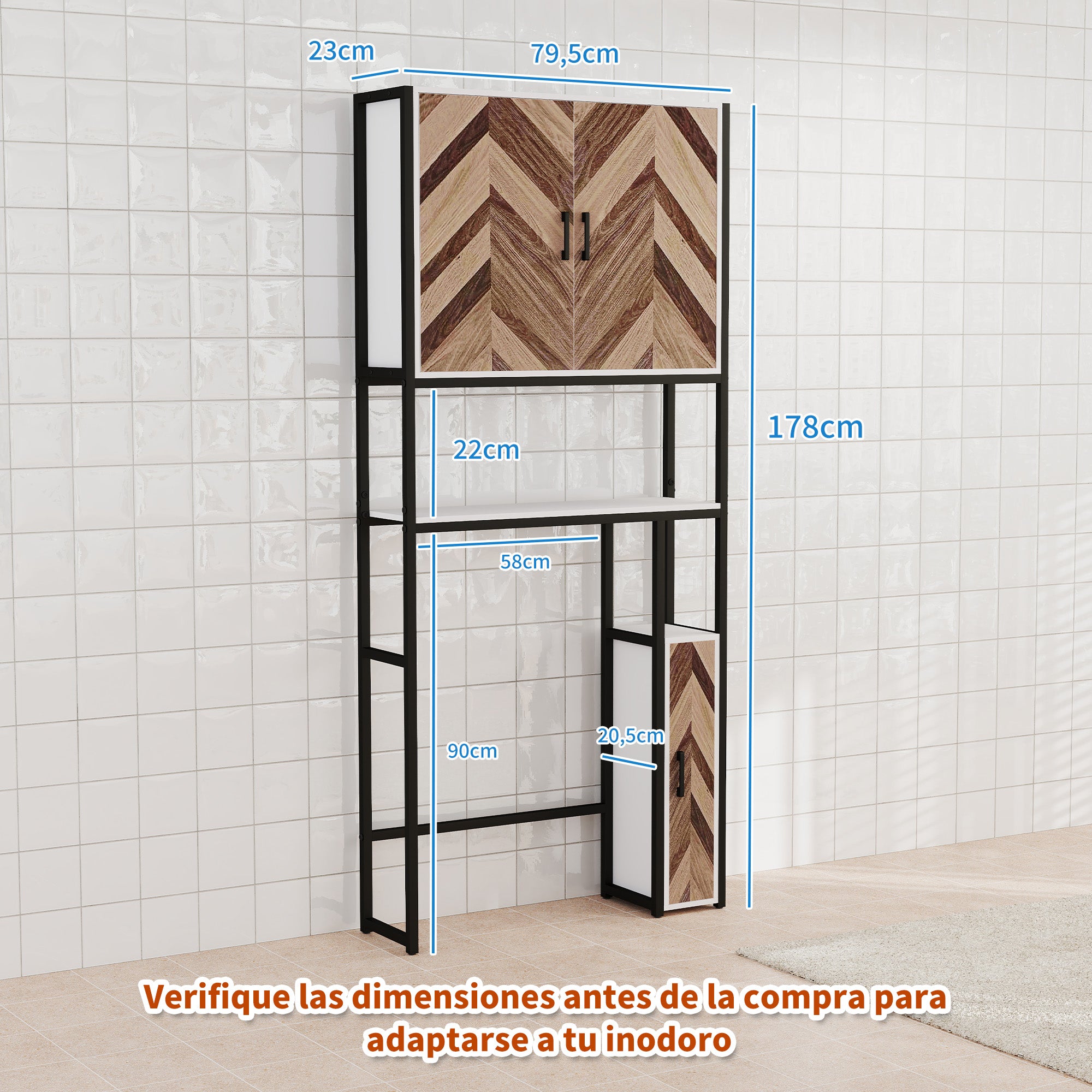 Over Toilet Cabinet Over Toilet Cabinet with 3 Doors 2 Adjustable Shelves and Open Compartment Bathroom Furniture 79.5x23x178 cm Multicolor