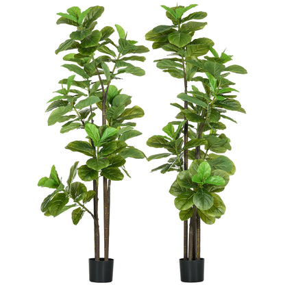 Set of 2 Artificial Plants Fiddle Leaf Fig Ficus Lyrata 180cm Tall with Pot, Large Artificial Tree for Decoration