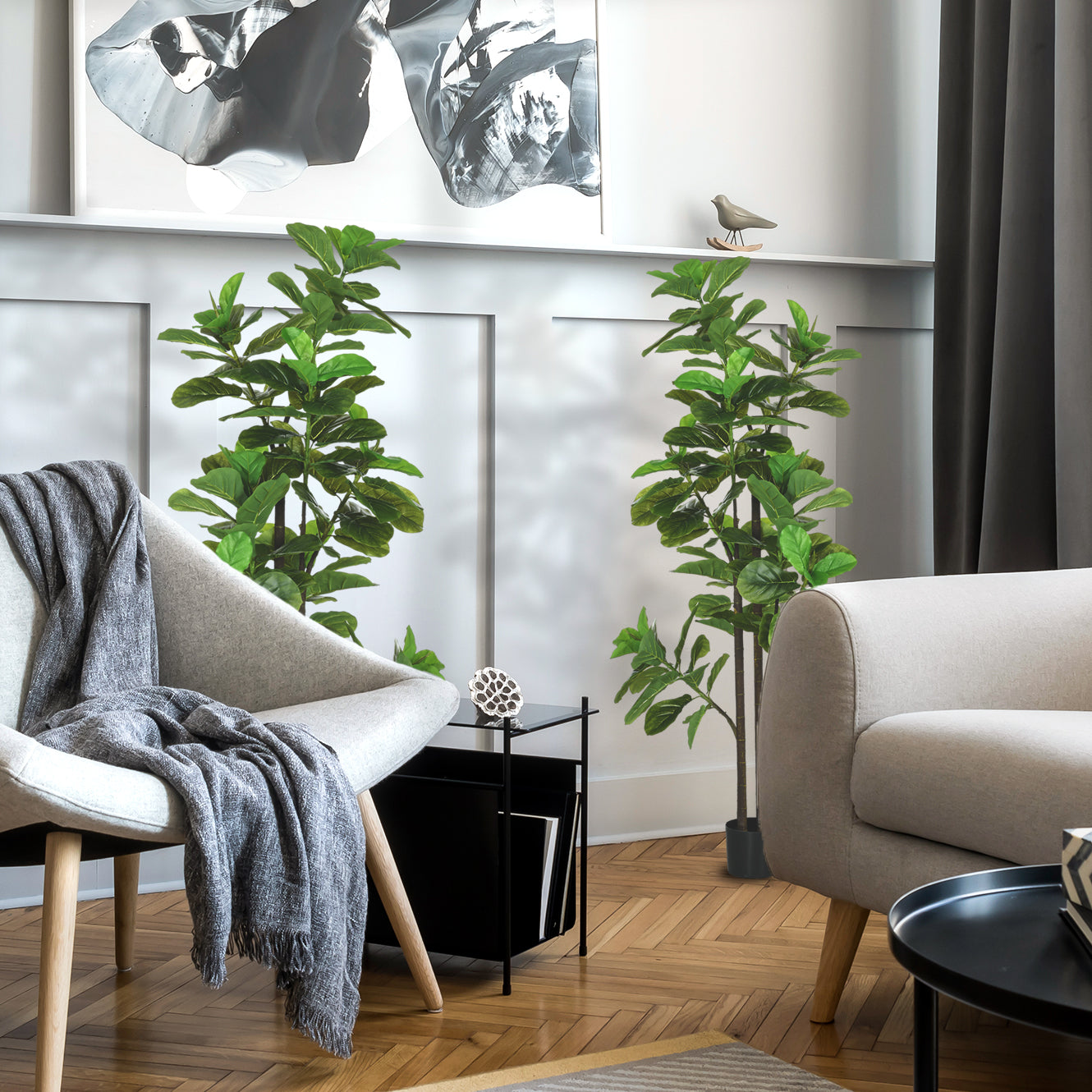 Set of 2 Artificial Plants Fiddle Leaf Fig Ficus Lyrata 180cm Tall with Pot, Large Artificial Tree for Decoration