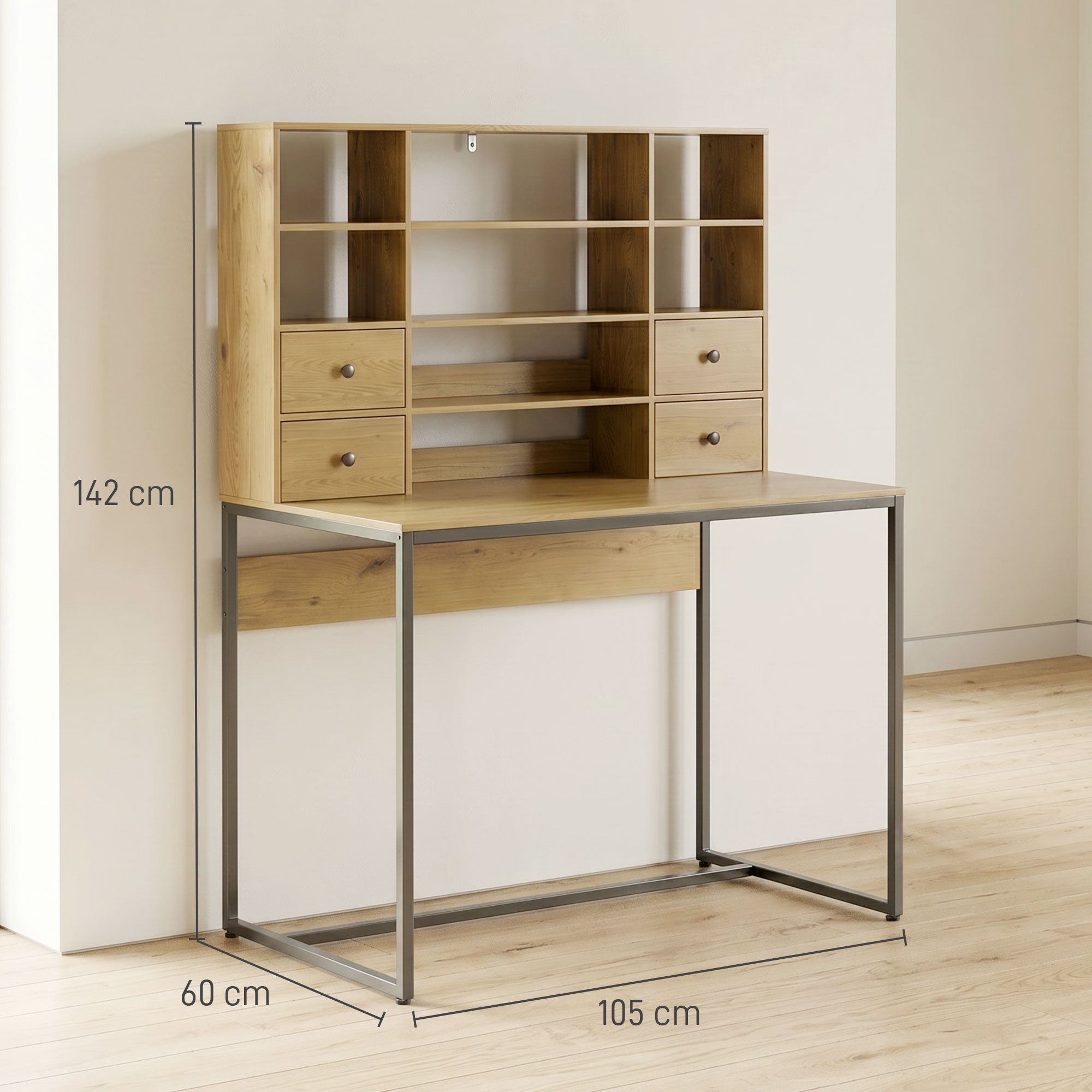 Computer Desk with 4 Drawers, 105 x 60 cm (41.3 x 23.6 in), Storage Desk with Open Shelves, Modern Home Office Table for Small Spaces, Natural Wood