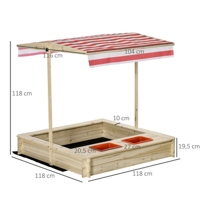 Square Wooden Sandpit 1.18L x 1.18W x 1.18H m - Adjustable Height, Inclination Roof, Closable - 2 Tubs - Fir Wood Autoclave