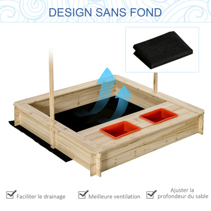 Square Wooden Sandpit 1.18L x 1.18W x 1.18H m - Adjustable Height, Inclination Roof, Closable - 2 Tubs - Fir Wood Autoclave