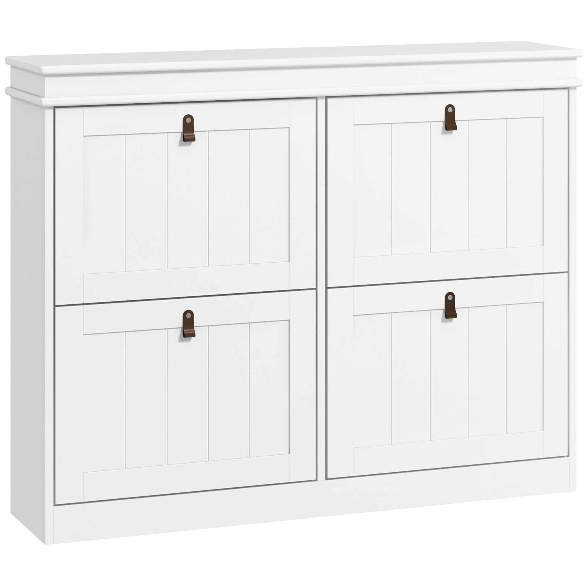 White Shoe Cabinet Slim Shoe Rack with 4 Flip-Down Doors and Adjustable Shelves for 20 Pairs of Shoes Antitip for Entryway Hallway 105x24x82.5 cm
