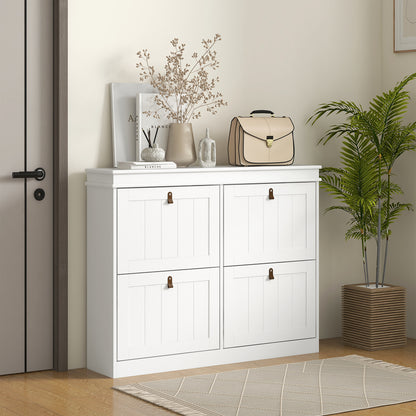 White Shoe Cabinet Slim Shoe Rack with 4 Flip-Down Doors and Adjustable Shelves for 20 Pairs of Shoes Antitip for Entryway Hallway 105x24x82.5 cm