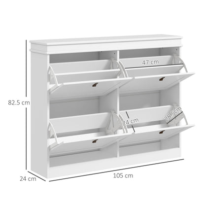 White Shoe Cabinet Slim Shoe Rack with 4 Flip-Down Doors and Adjustable Shelves for 20 Pairs of Shoes Antitip for Entryway Hallway 105x24x82.5 cm