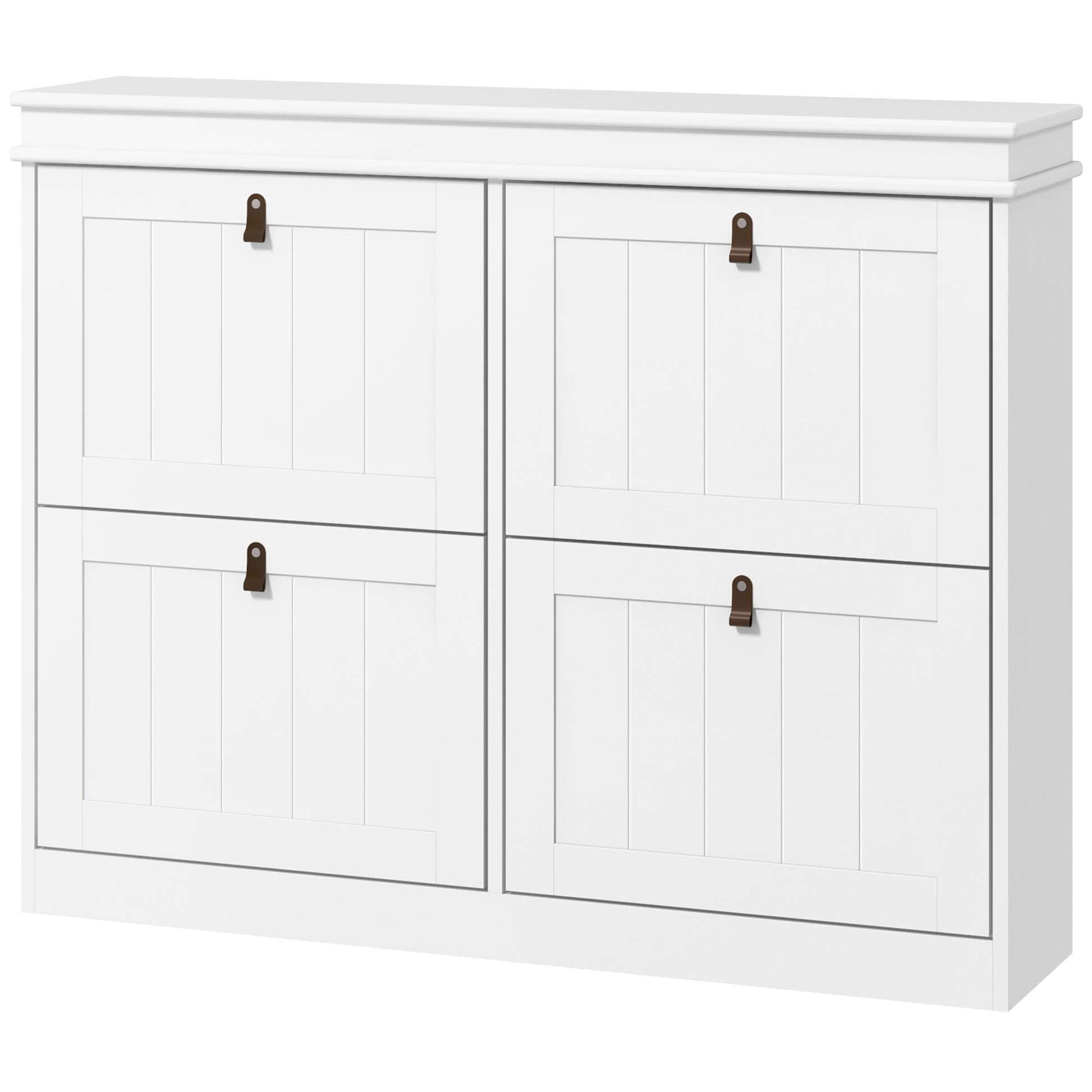 White Shoe Cabinet Slim Shoe Rack with 4 Flip-Down Doors and Adjustable Shelves for 20 Pairs of Shoes Antitip for Entryway Hallway 105x24x82.5 cm