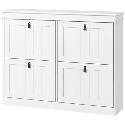 White Shoe Cabinet Slim Shoe Rack with 4 Flip-Down Doors and Adjustable Shelves for 20 Pairs of Shoes Antitip for Entryway Hallway 105x24x82.5 cm