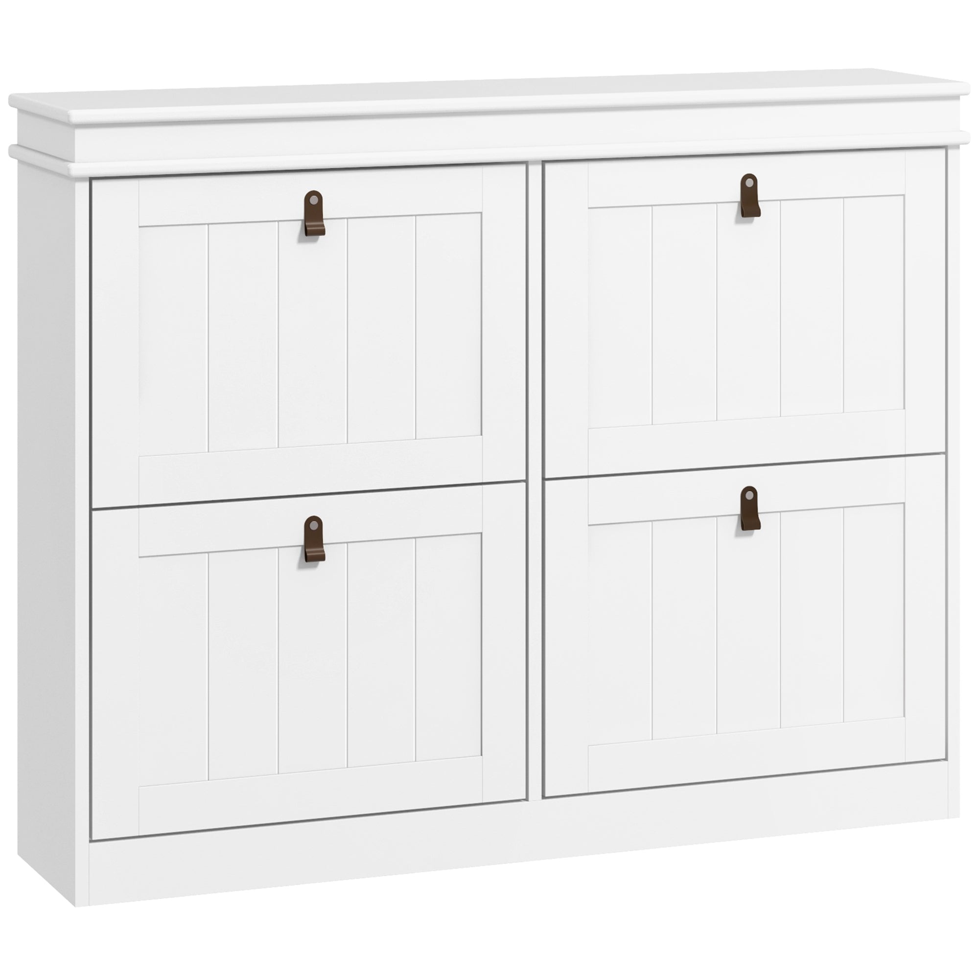 White Shoe Cabinet Slim Shoe Rack with 4 Flip-Down Doors and Adjustable Shelves for 20 Pairs of Shoes Antitip for Entryway Hallway 105x24x82.5 cm