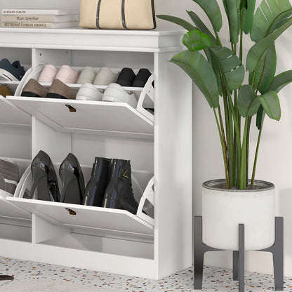 White Shoe Cabinet Slim Shoe Rack with 4 Flip-Down Doors and Adjustable Shelves for 20 Pairs of Shoes Antitip for Entryway Hallway 105x24x82.5 cm
