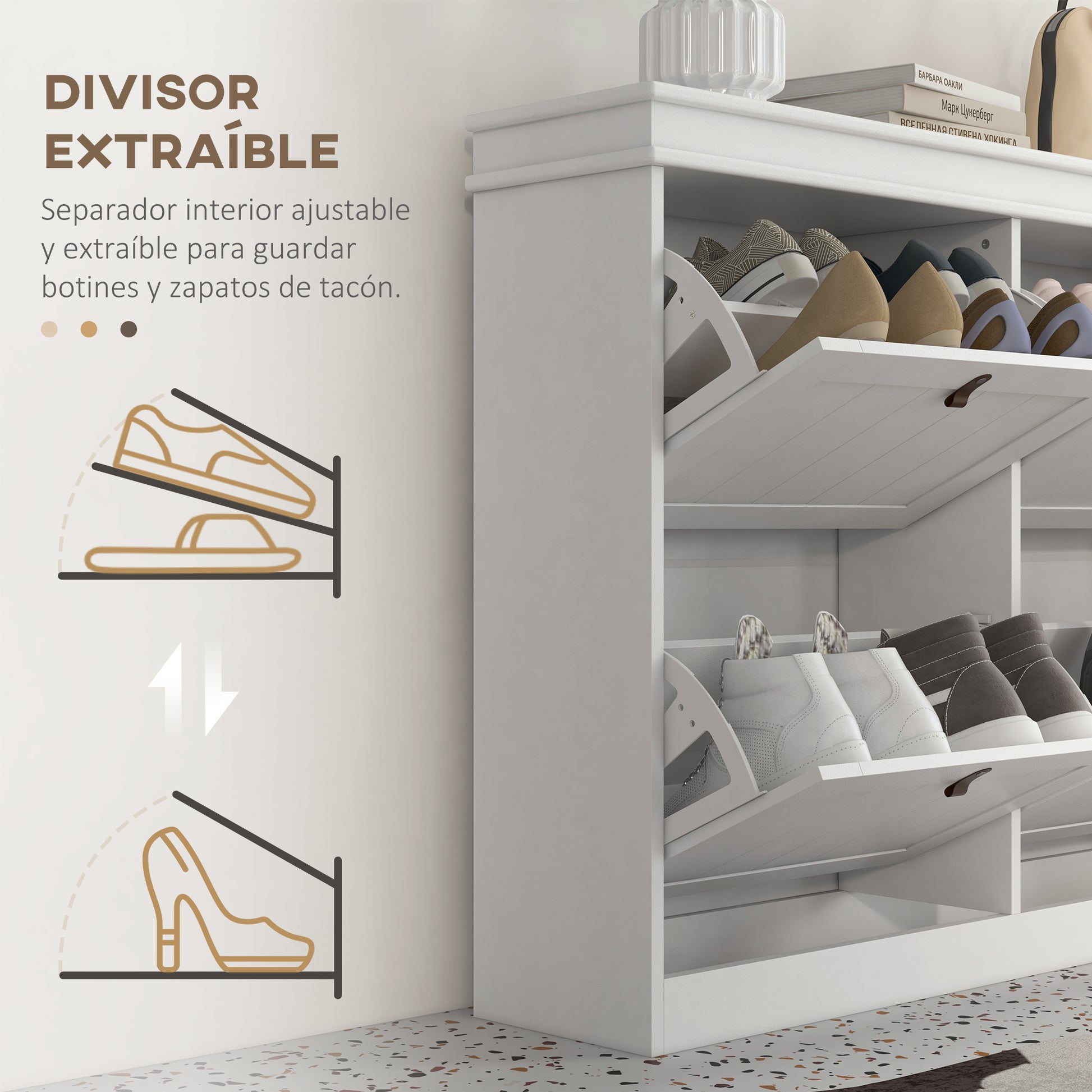 White Shoe Cabinet Slim Shoe Rack with 4 Flip-Down Doors and Adjustable Shelves for 20 Pairs of Shoes Antitip for Entryway Hallway 105x24x82.5 cm