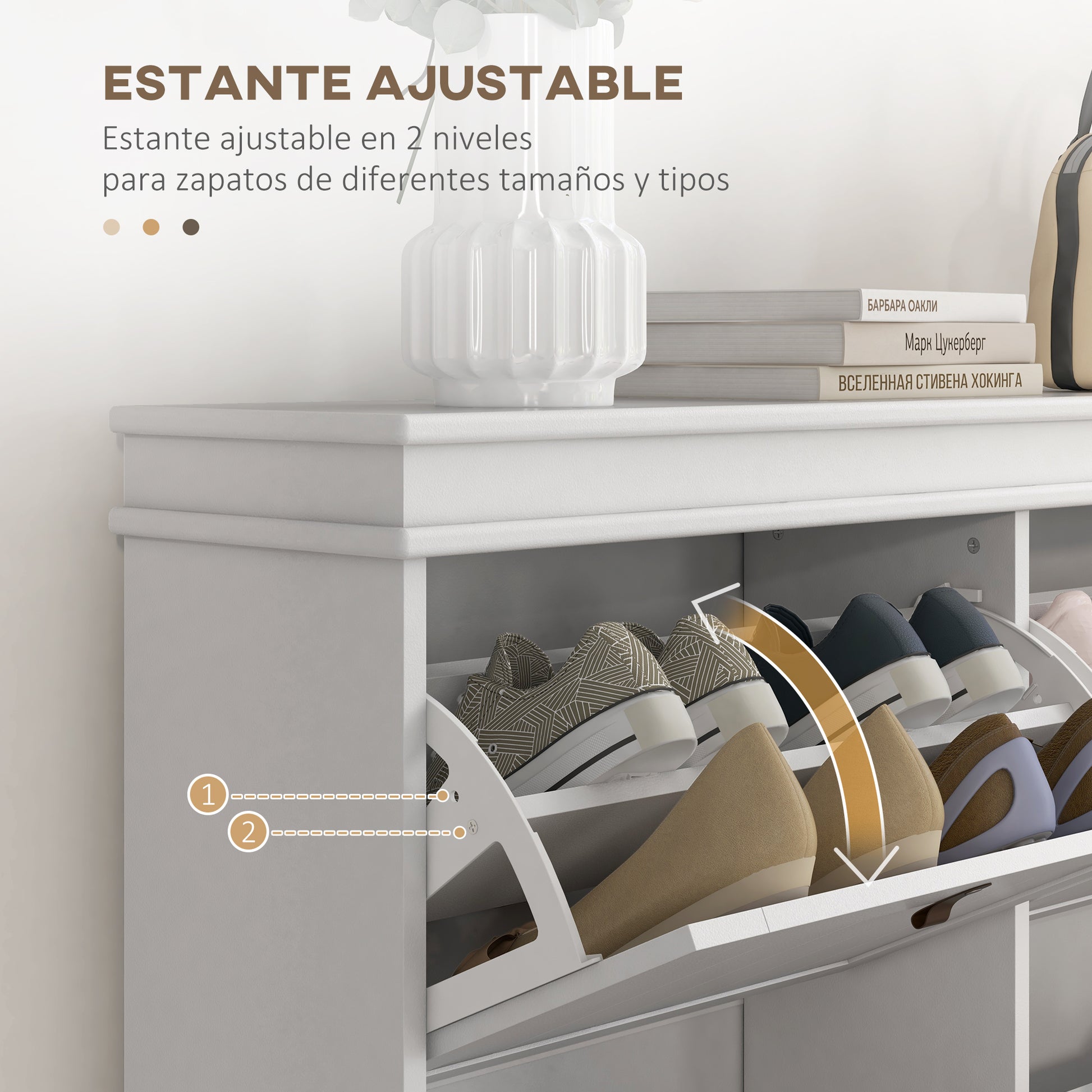 White Shoe Cabinet Slim Shoe Rack with 4 Flip-Down Doors and Adjustable Shelves for 20 Pairs of Shoes Antitip for Entryway Hallway 105x24x82.5 cm