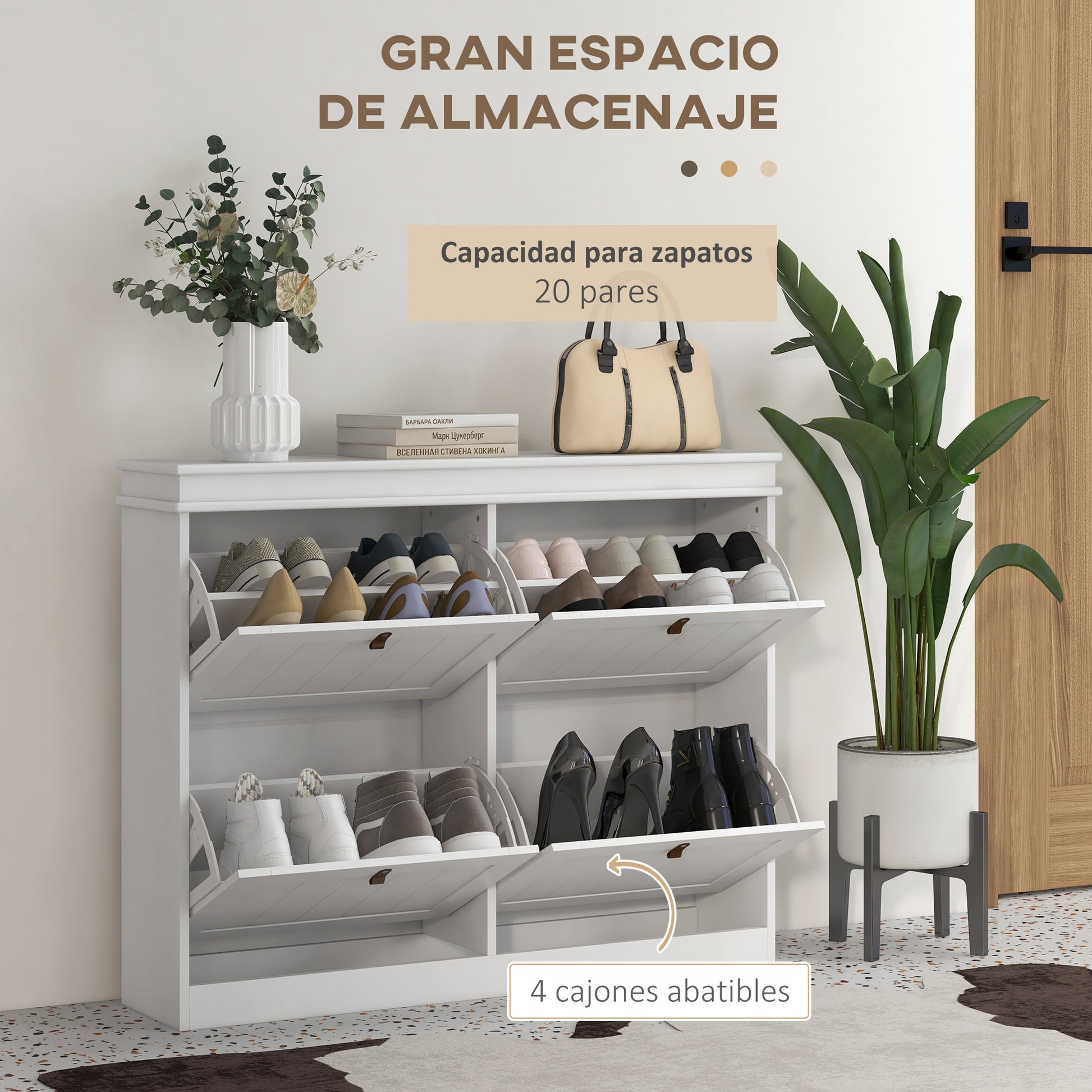 White Shoe Cabinet Slim Shoe Rack with 4 Flip-Down Doors and Adjustable Shelves for 20 Pairs of Shoes Antitip for Entryway Hallway 105x24x82.5 cm
