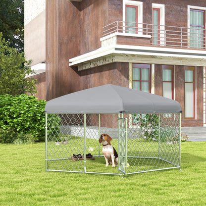 Large Size Dog Kennel, Hexagonal Kennel with Oxford Fabric UV Resistant Roof 2.1x1.85x1.5m, Silver and Grey