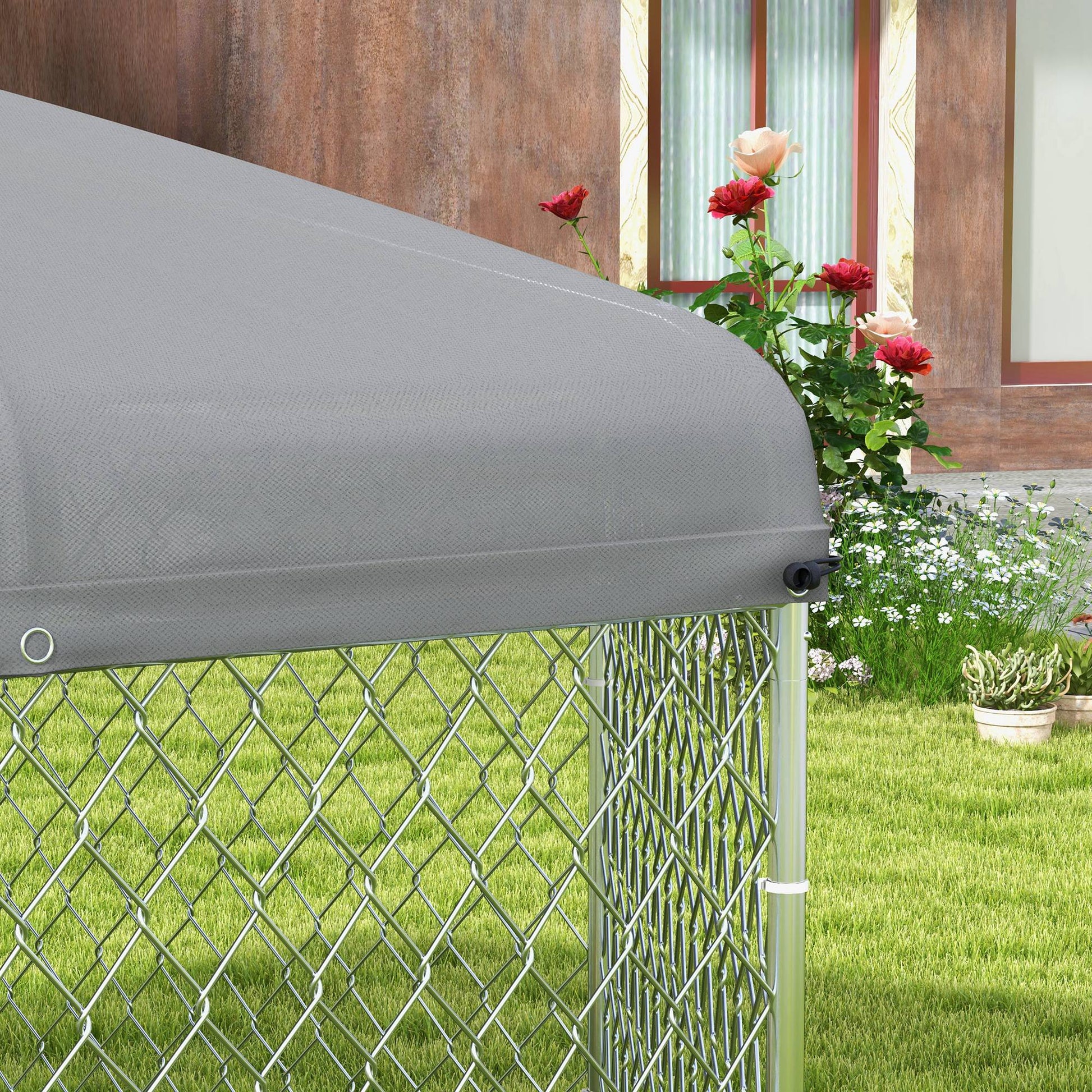 Large Size Dog Kennel, Hexagonal Kennel with Oxford Fabric UV Resistant Roof 2.1x1.85x1.5m, Silver and Grey
