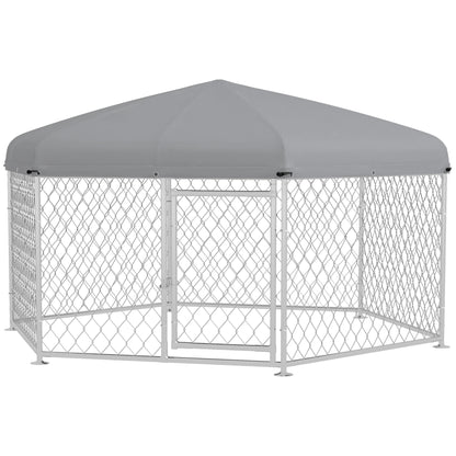 Large Size Dog Kennel, Hexagonal Kennel with Oxford Fabric UV Resistant Roof 2.1x1.85x1.5m, Silver and Grey
