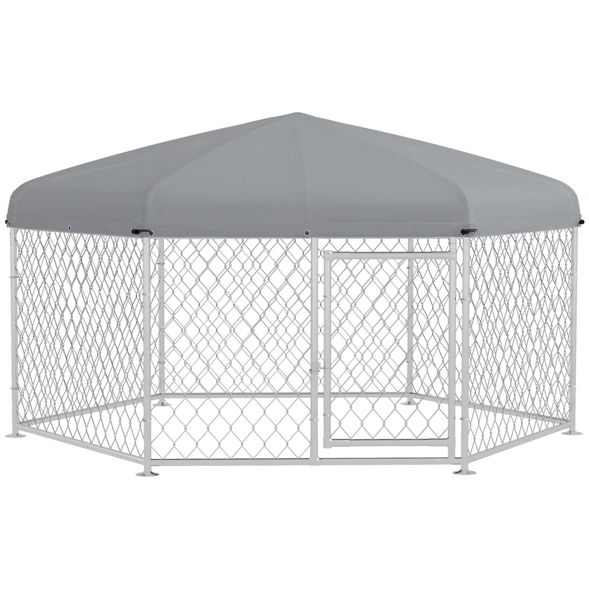 Large Size Dog Kennel, Hexagonal Kennel with Oxford Fabric UV Resistant Roof 2.1x1.85x1.5m, Silver and Grey