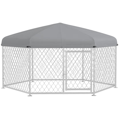 Large Size Dog Kennel, Hexagonal Kennel with Oxford Fabric UV Resistant Roof 2.1x1.85x1.5m, Silver and Grey