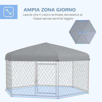 Large Size Dog Kennel, Hexagonal Kennel with Oxford Fabric UV Resistant Roof 2.1x1.85x1.5m, Silver and Grey