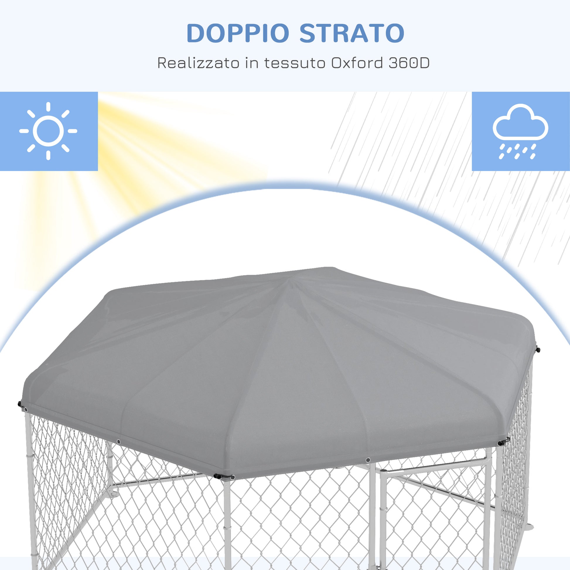 Large Size Dog Kennel, Hexagonal Kennel with Oxford Fabric UV Resistant Roof 2.1x1.85x1.5m, Silver and Grey