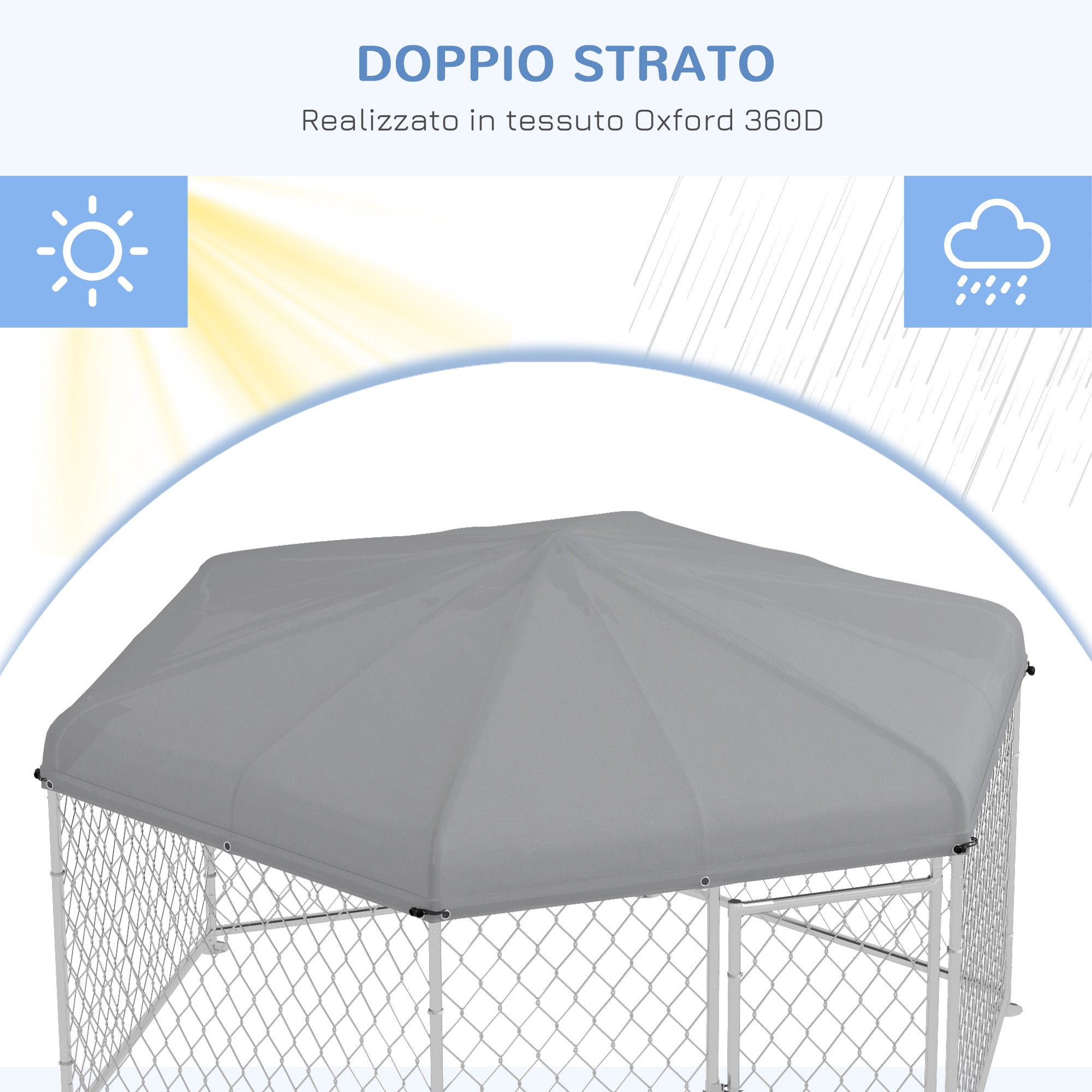 Large Size Dog Kennel, Hexagonal Kennel with Oxford Fabric UV Resistant Roof 2.1x1.85x1.5m, Silver and Grey