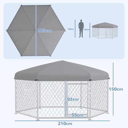Large Size Dog Kennel, Hexagonal Kennel with Oxford Fabric UV Resistant Roof 2.1x1.85x1.5m, Silver and Grey