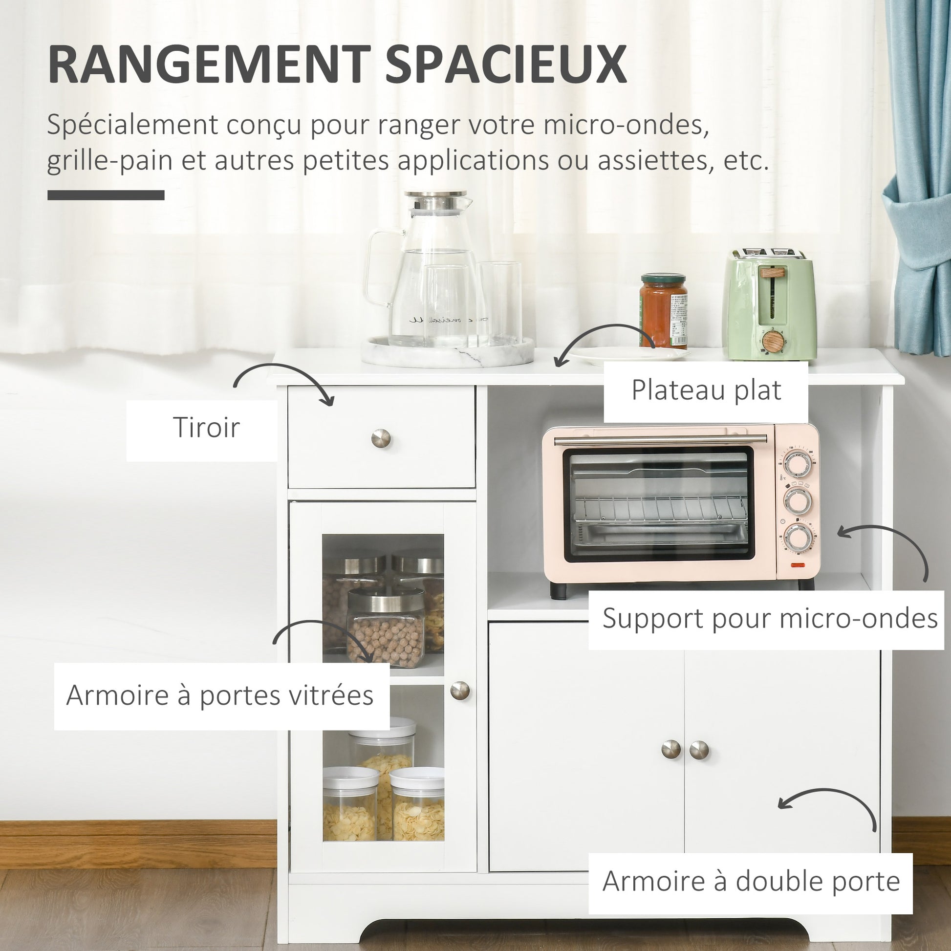 Microwave Cabinet, Kitchen Buffet, Storage Cabinet, for Kitchen, Dining Room 90 x 40 x 82 cm Tempered Glass and Wood, White