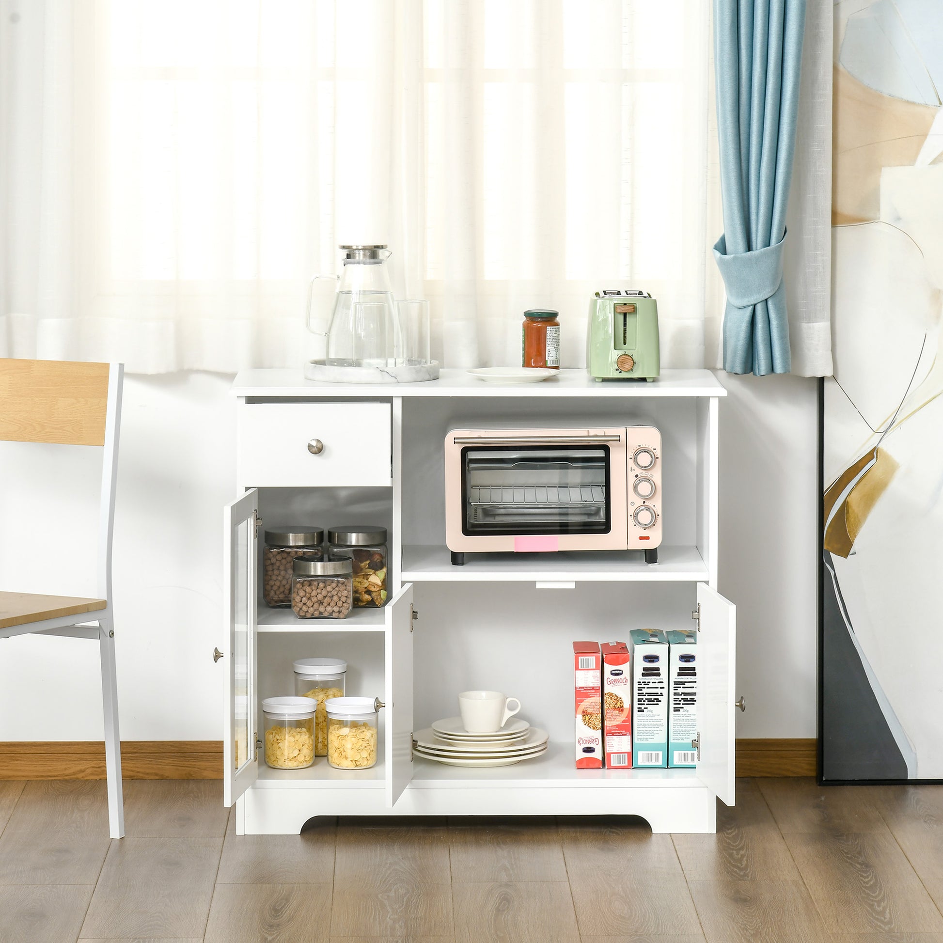 Microwave Cabinet, Kitchen Buffet, Storage Cabinet, for Kitchen, Dining Room 90 x 40 x 82 cm Tempered Glass and Wood, White