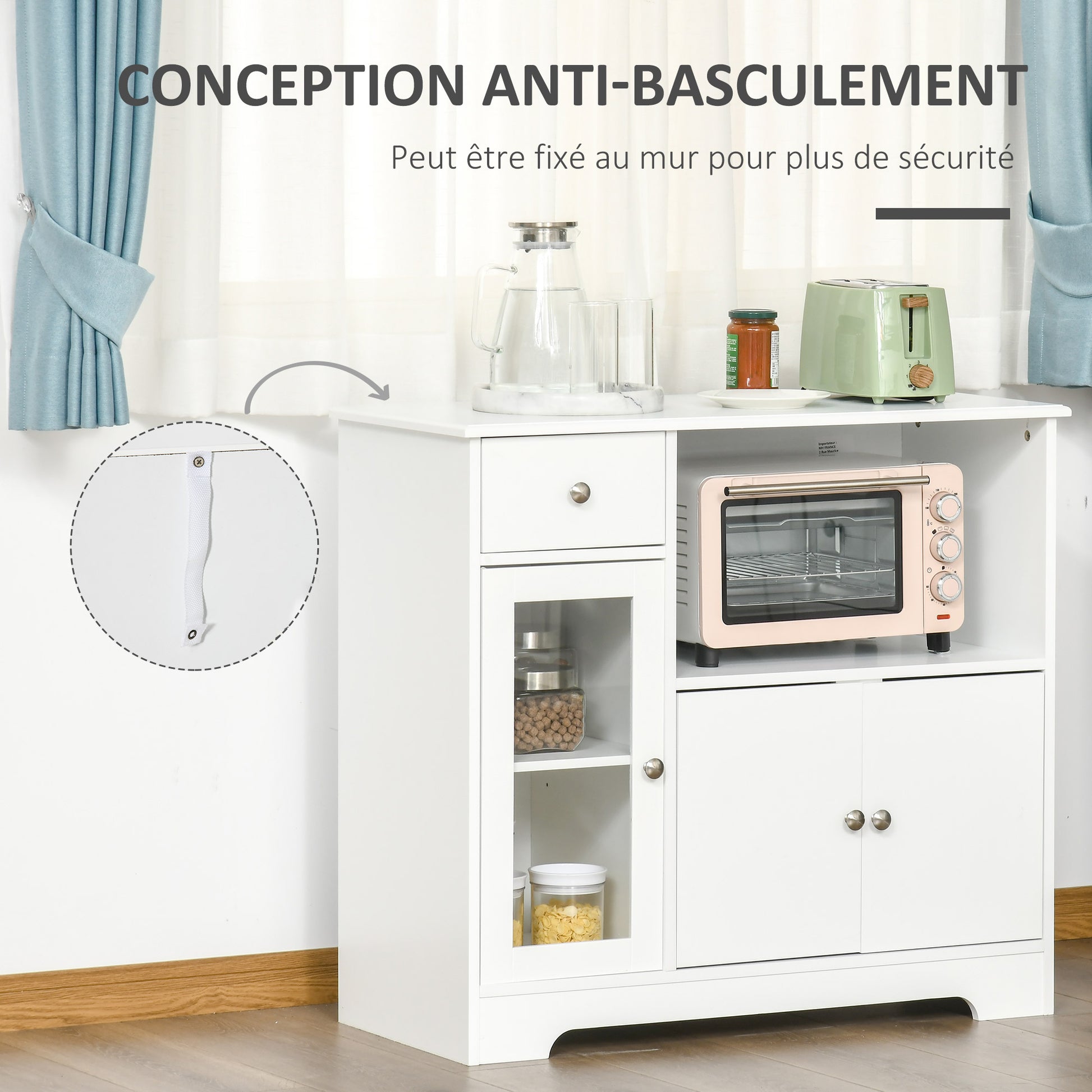 Microwave Cabinet, Kitchen Buffet, Storage Cabinet, for Kitchen, Dining Room 90 x 40 x 82 cm Tempered Glass and Wood, White