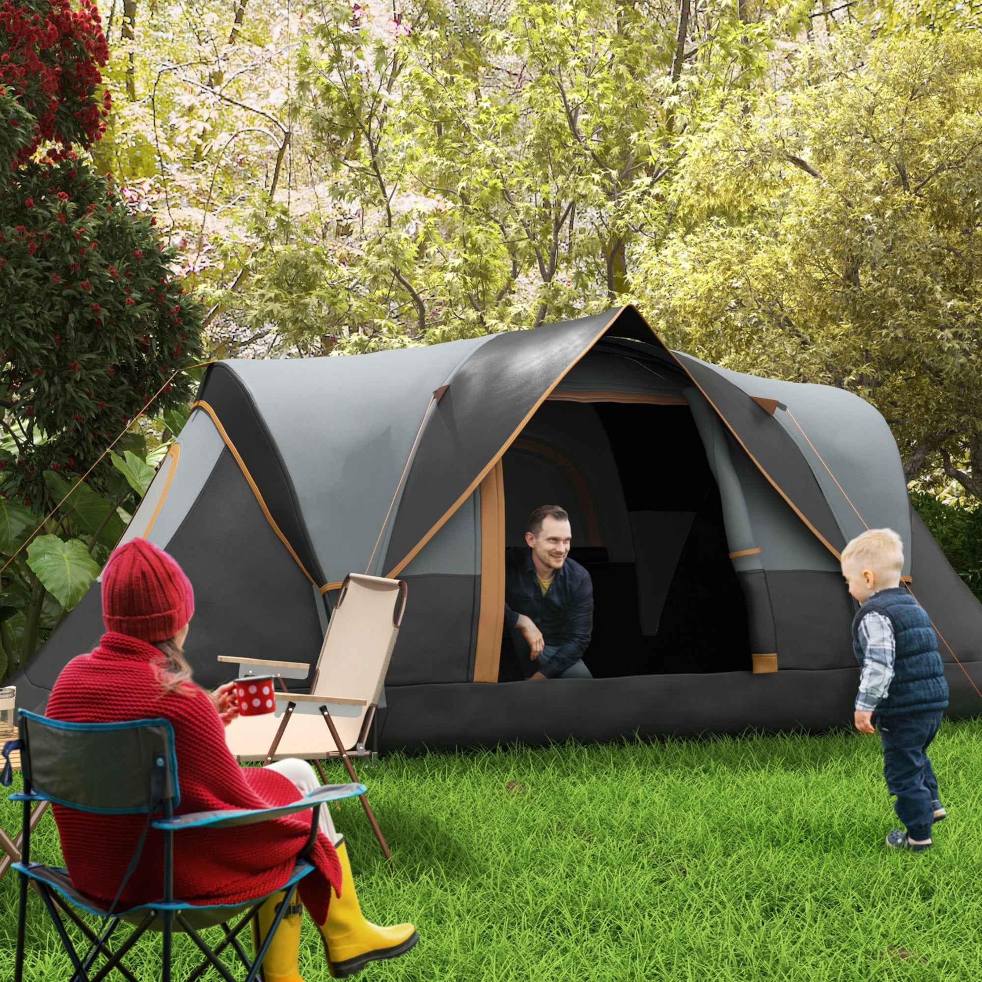 Camping Tent for 5-6 People Stable Waterproof Family Tent with Entrance Window Pack Bag, Tent with 3000mm Water Column Tunnel Tent for Camping Travel Garden, Light Gray