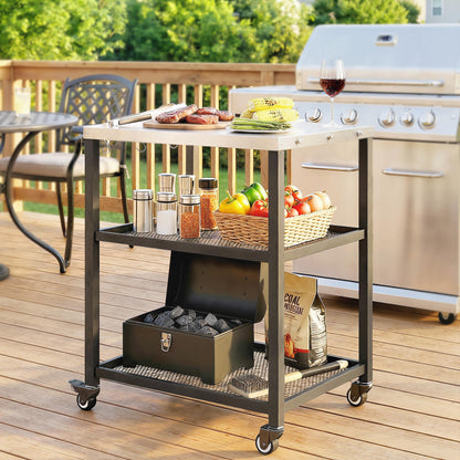 3-Tier BBQ Cart – Mobile Outdoor Grill Trolley with Stainless Steel Worktop, Adjustable Shelf, Wheels & Brakes, Hooks, Handle – Black