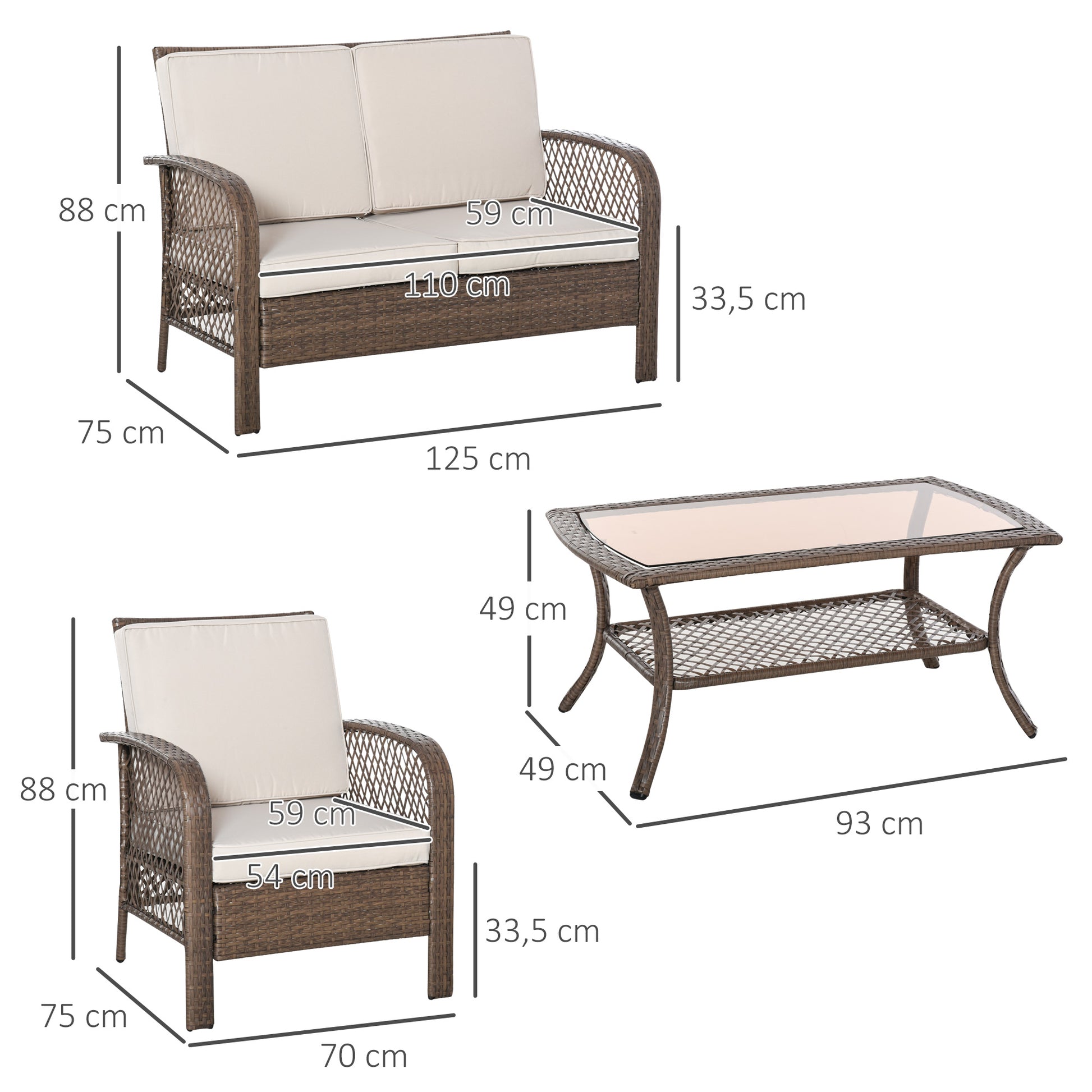 4-Piece PE Rattan Garden Furniture Set Single Chair Double Sofa and Coffee Table with Washable Cushions for Outdoor Terrace Patio Brown and Khaki