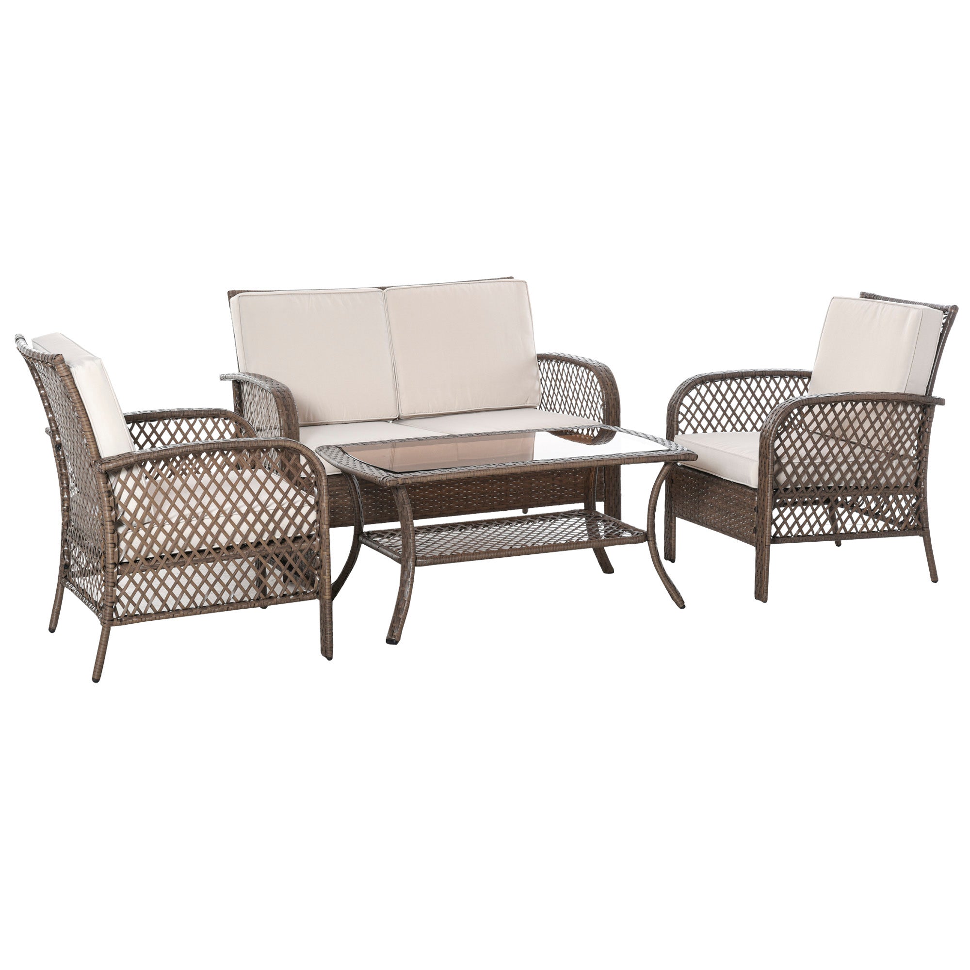4-Piece PE Rattan Garden Furniture Set Single Chair Double Sofa and Coffee Table with Washable Cushions for Outdoor Terrace Patio Brown and Khaki