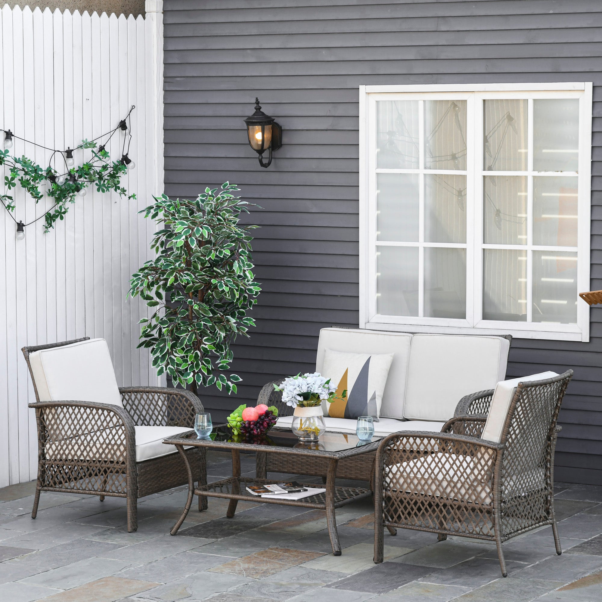 4-Piece PE Rattan Garden Furniture Set Single Chair Double Sofa and Coffee Table with Washable Cushions for Outdoor Terrace Patio Brown and Khaki