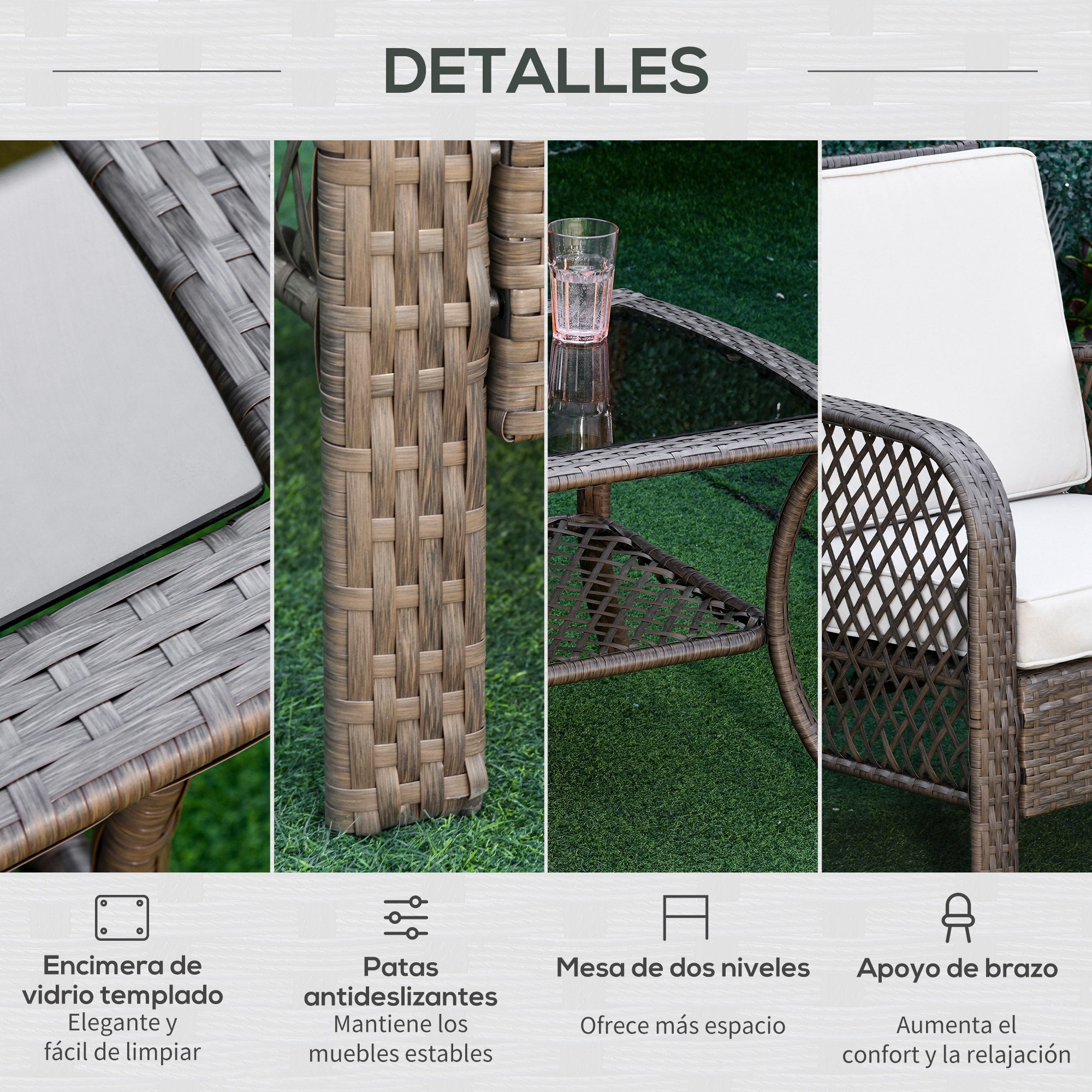 4-Piece PE Rattan Garden Furniture Set Single Chair Double Sofa and Coffee Table with Washable Cushions for Outdoor Terrace Patio Brown and Khaki