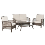 4-Piece PE Rattan Garden Furniture Set Single Chair Double Sofa and Coffee Table with Washable Cushions for Outdoor Terrace Patio Brown and Khaki