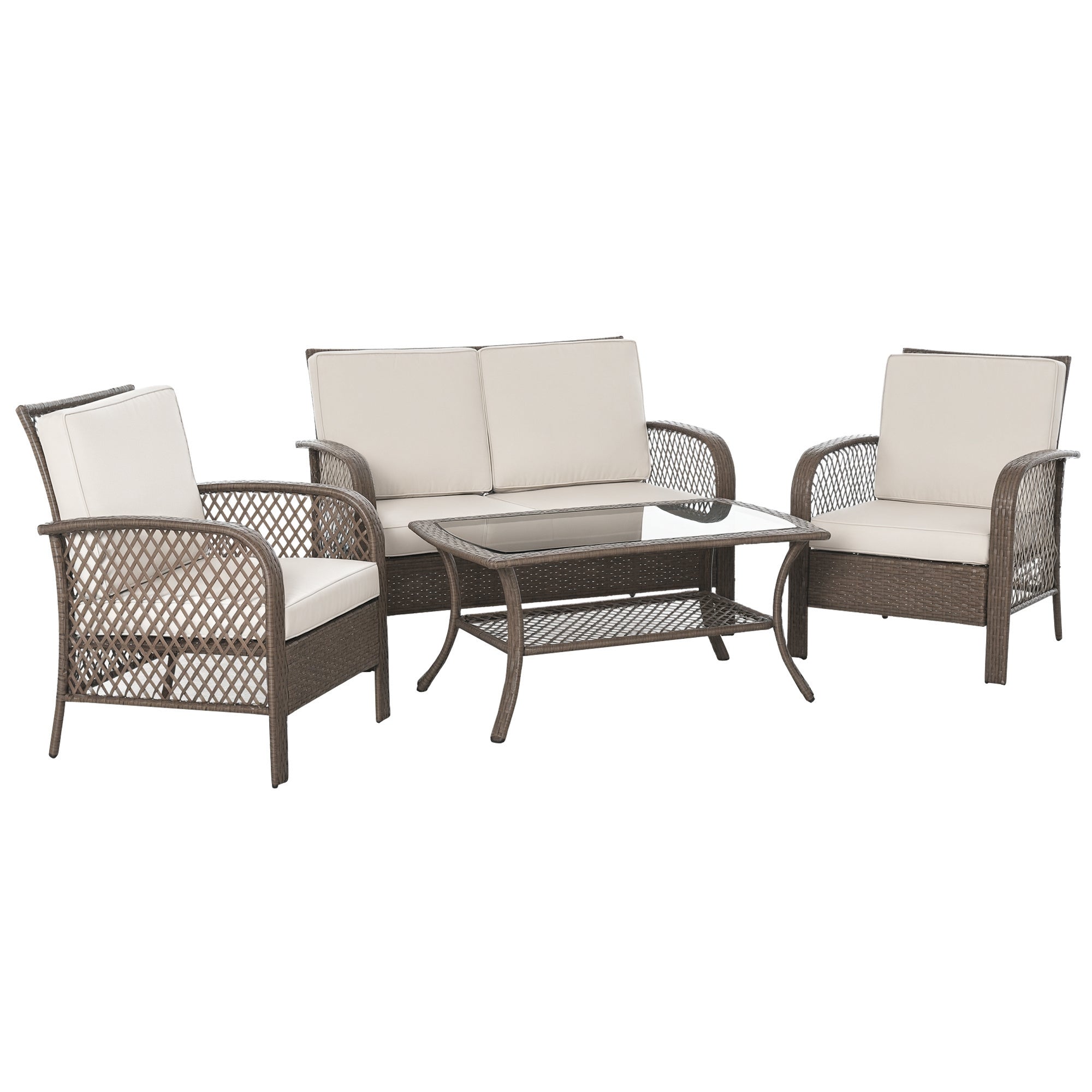 4-Piece PE Rattan Garden Furniture Set Single Chair Double Sofa and Coffee Table with Washable Cushions for Outdoor Terrace Patio Brown and Khaki