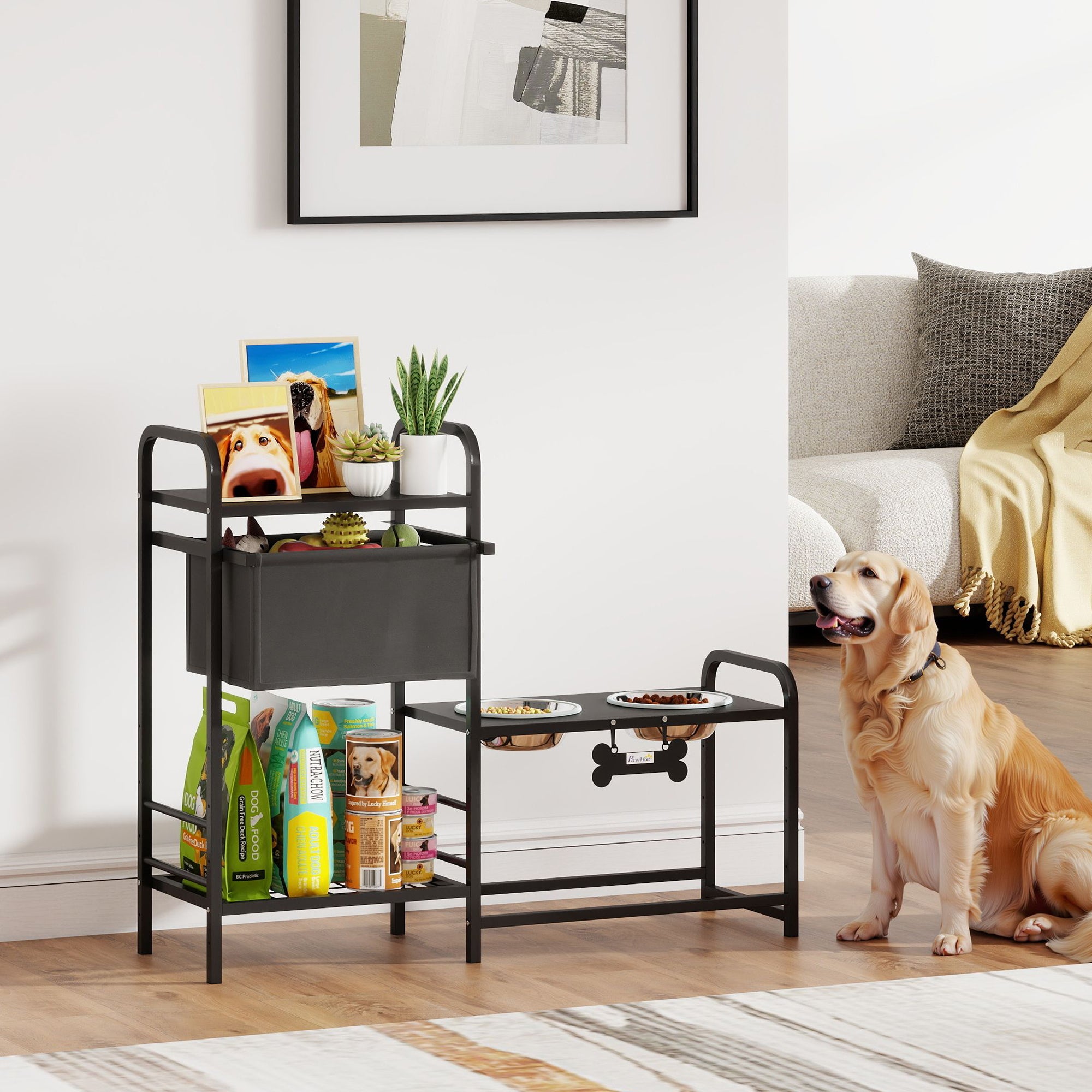 Adjustable Elevated Dog Bowl with Storage — 2 x 800 ml Stainless Bowls, 2-Tier Shelving, Adjustable Height, Black