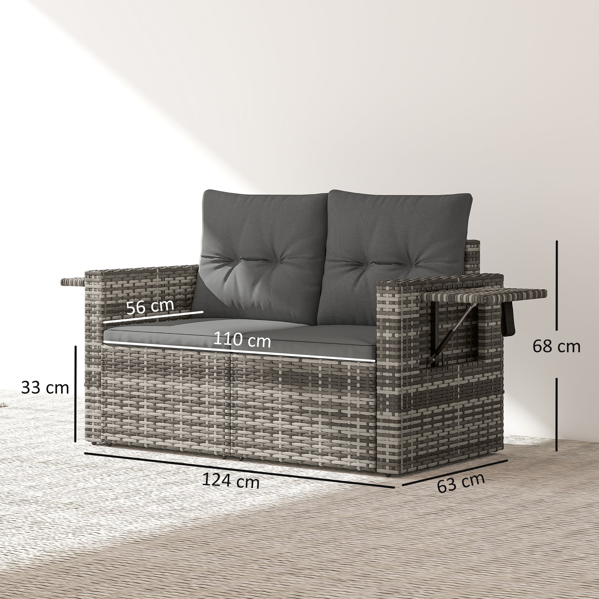 2-Seater Outdoor Rattan Sofa with Cushions — Convertible, Fold-Out Side Trays, Weather-Resistant, Light Grey Synthetic Rattan