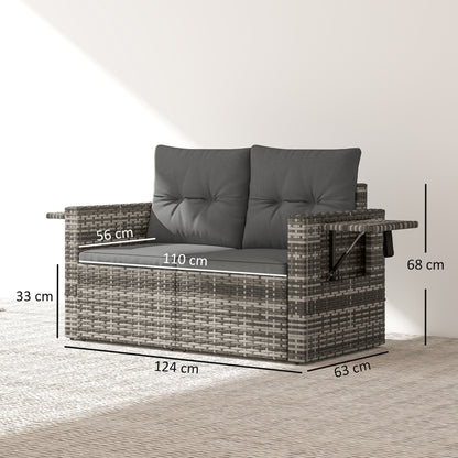 2-Seater Outdoor Rattan Sofa with Cushions — Convertible, Fold-Out Side Trays, Weather-Resistant, Light Grey Synthetic Rattan