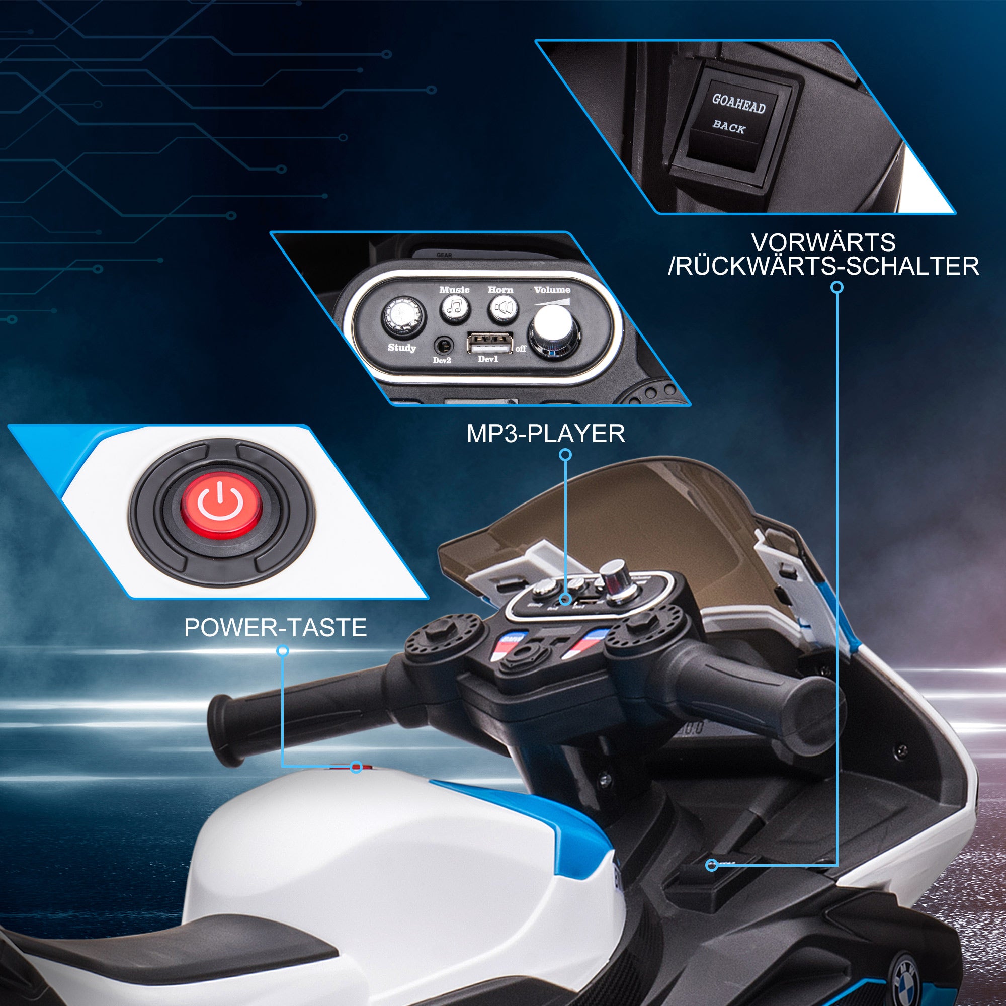 Kids Electric Motorcycle Children's Motorbike 6V Electric Vehicle Electric Tricycle Kids Vehicle with 3 Music Modes 2.5km/h Electric Motorcycle for Children from 18 Months PP Metal Blue 82.5 x 42 x 54 cm