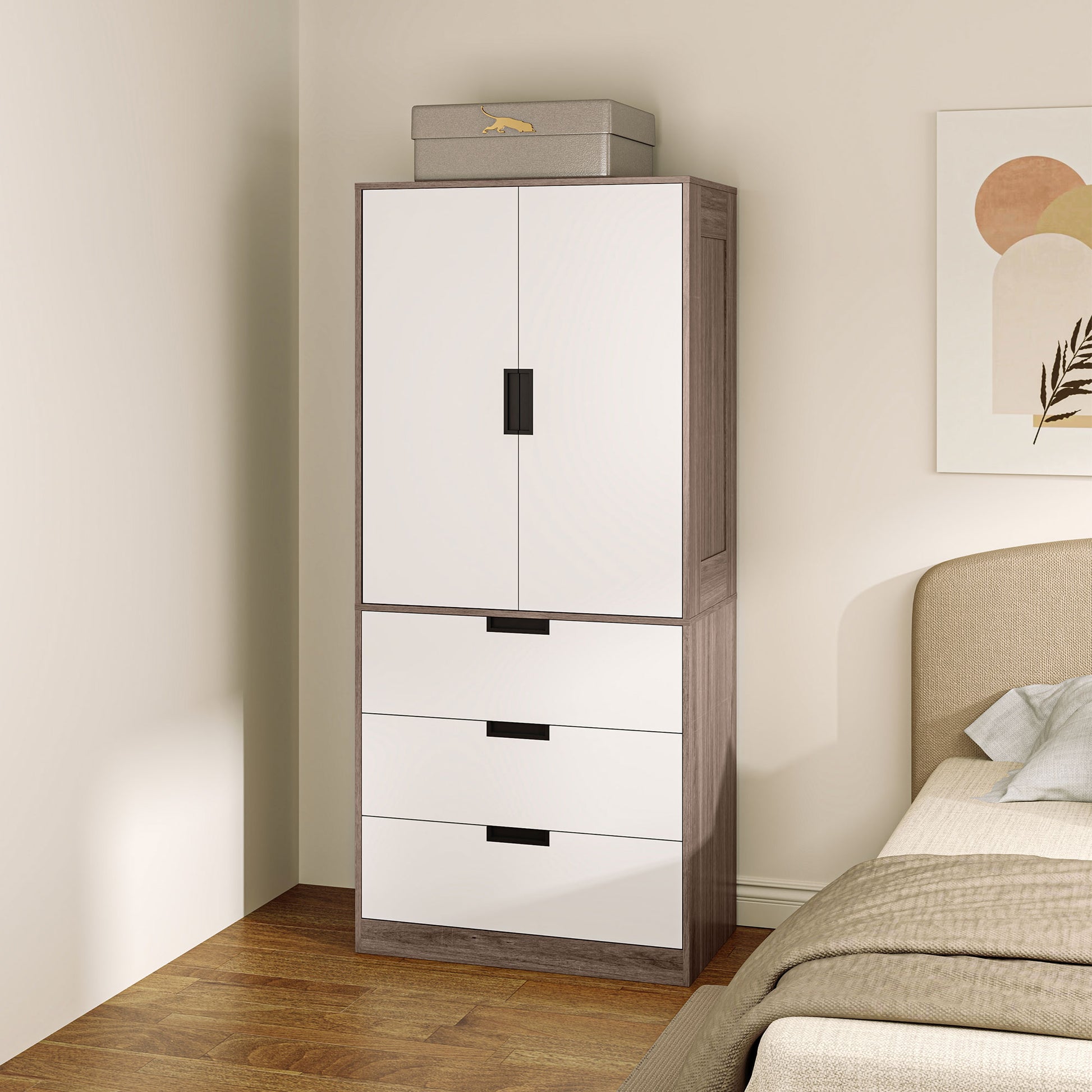 Modern Adult Bedroom Wardrobe Dressing Room with 3 Drawers and Hanging Rail, Dimensions 80W x 50D x 180H cm, Brown