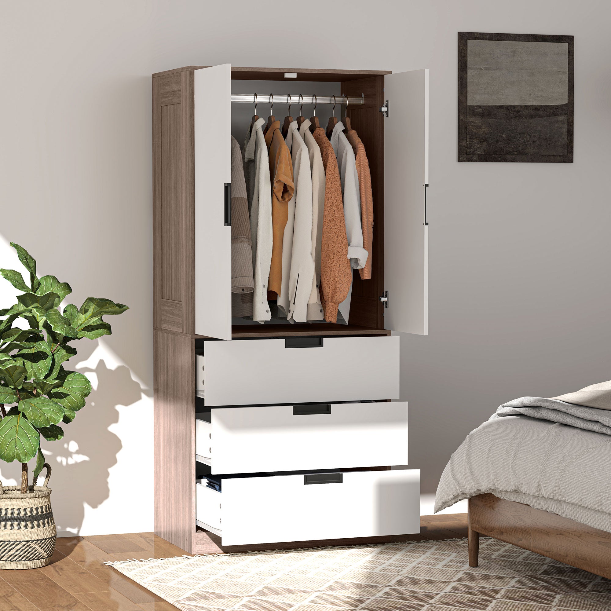 Modern Adult Bedroom Wardrobe Dressing Room with 3 Drawers and Hanging Rail, Dimensions 80W x 50D x 180H cm, Brown