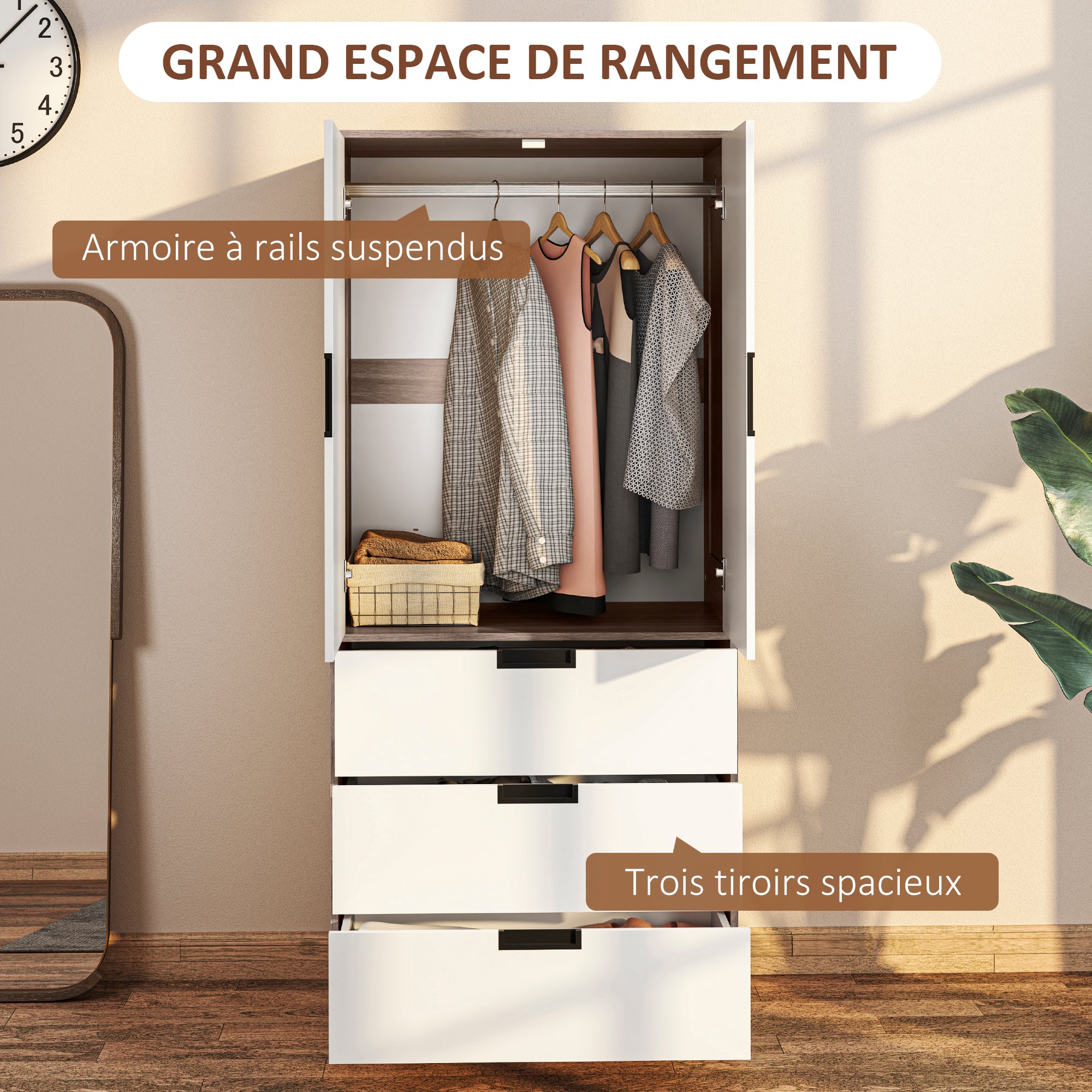 Modern Adult Bedroom Wardrobe Dressing Room with 3 Drawers and Hanging Rail, Dimensions 80W x 50D x 180H cm, Brown