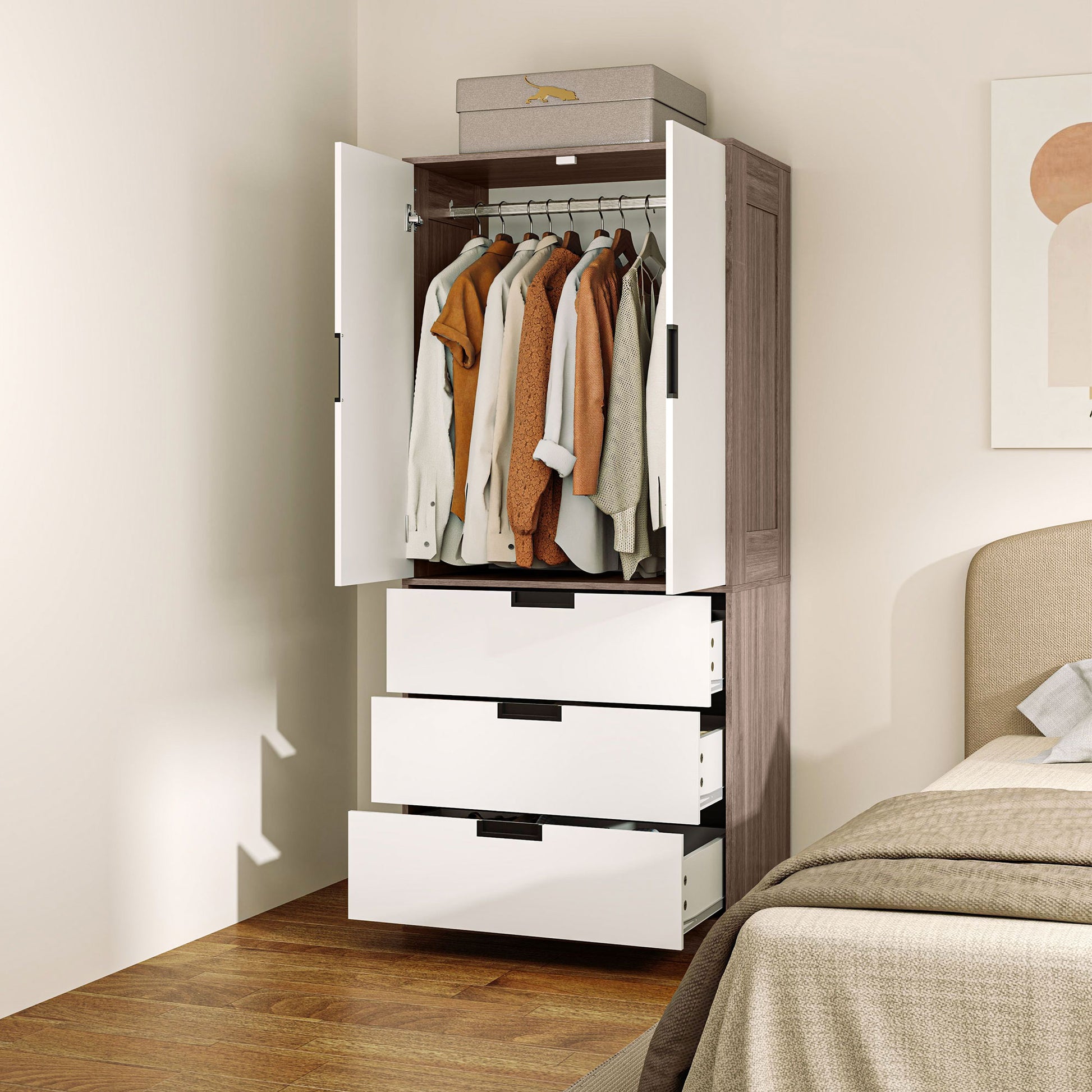 Modern Adult Bedroom Wardrobe Dressing Room with 3 Drawers and Hanging Rail, Dimensions 80W x 50D x 180H cm, Brown