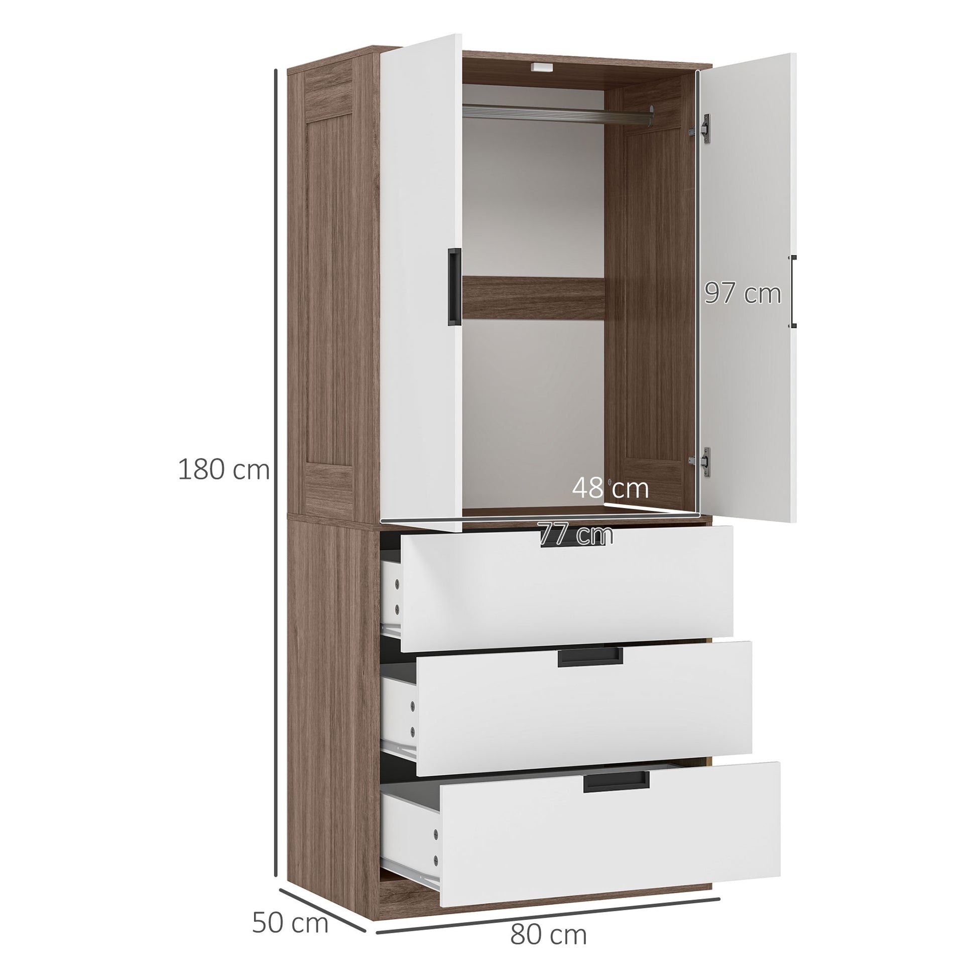 Modern Adult Bedroom Wardrobe Dressing Room with 3 Drawers and Hanging Rail, Dimensions 80W x 50D x 180H cm, Brown