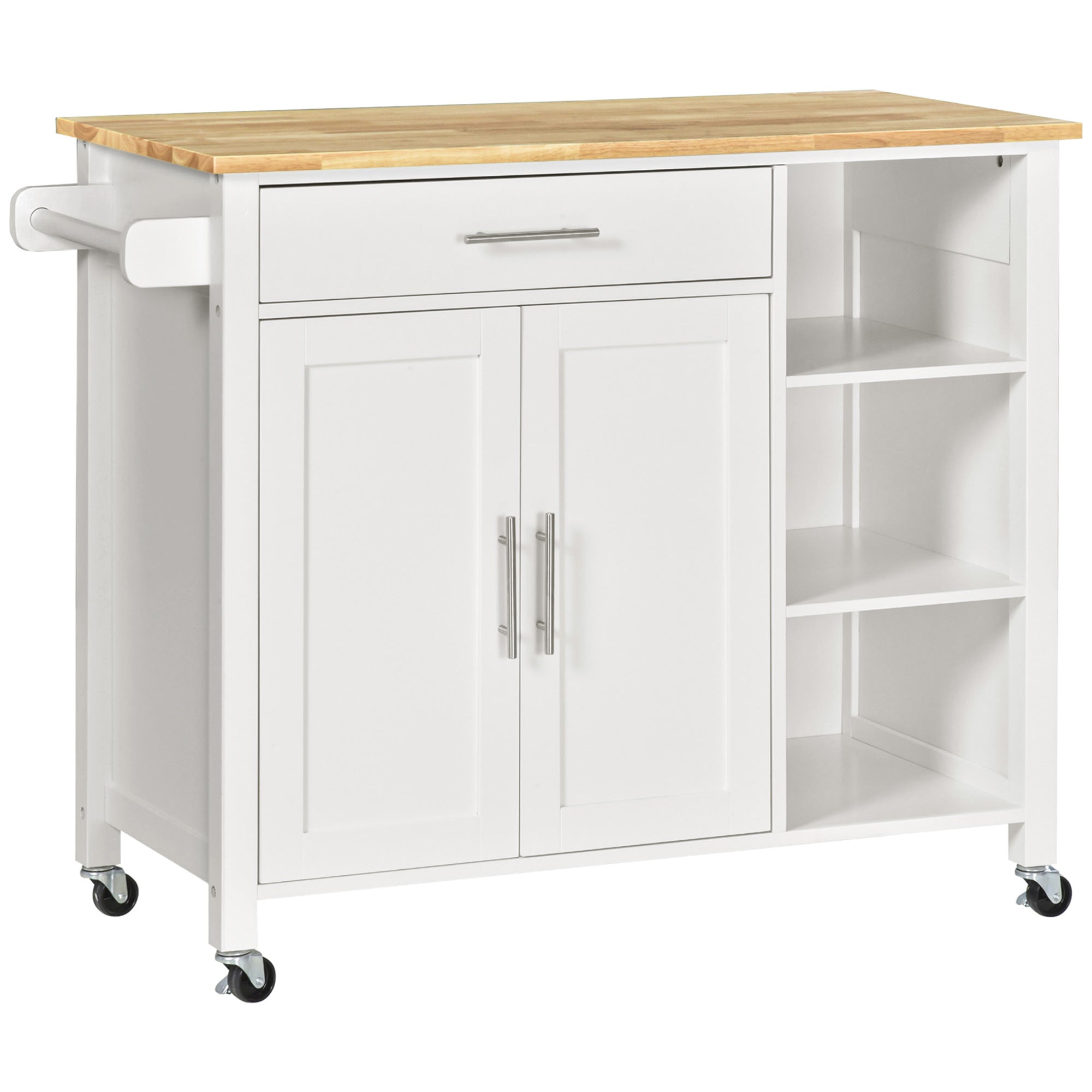 Kitchen Island with Wheels Kitchen Storage Cart with 1 Drawer 2 Doors 3 Open Shelves and Side Bar for Dining Room 107.5x48x89 cm White